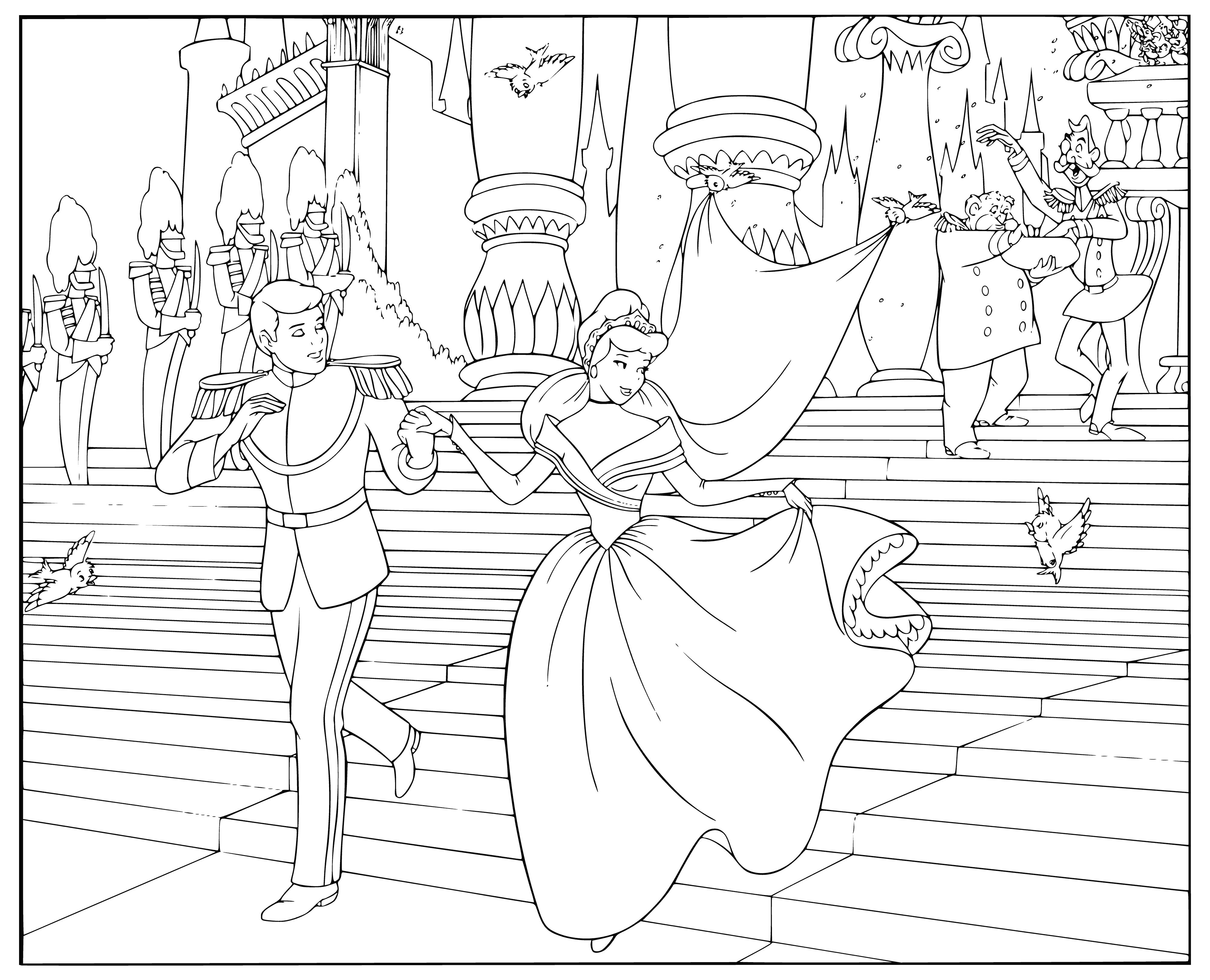 coloring page: --> The Prince & Cinderella are getting married! She's in a white dress & he's in a suit - they're both smiling & happy, while guests mingle & throw confetti. A wonderful day ahead!