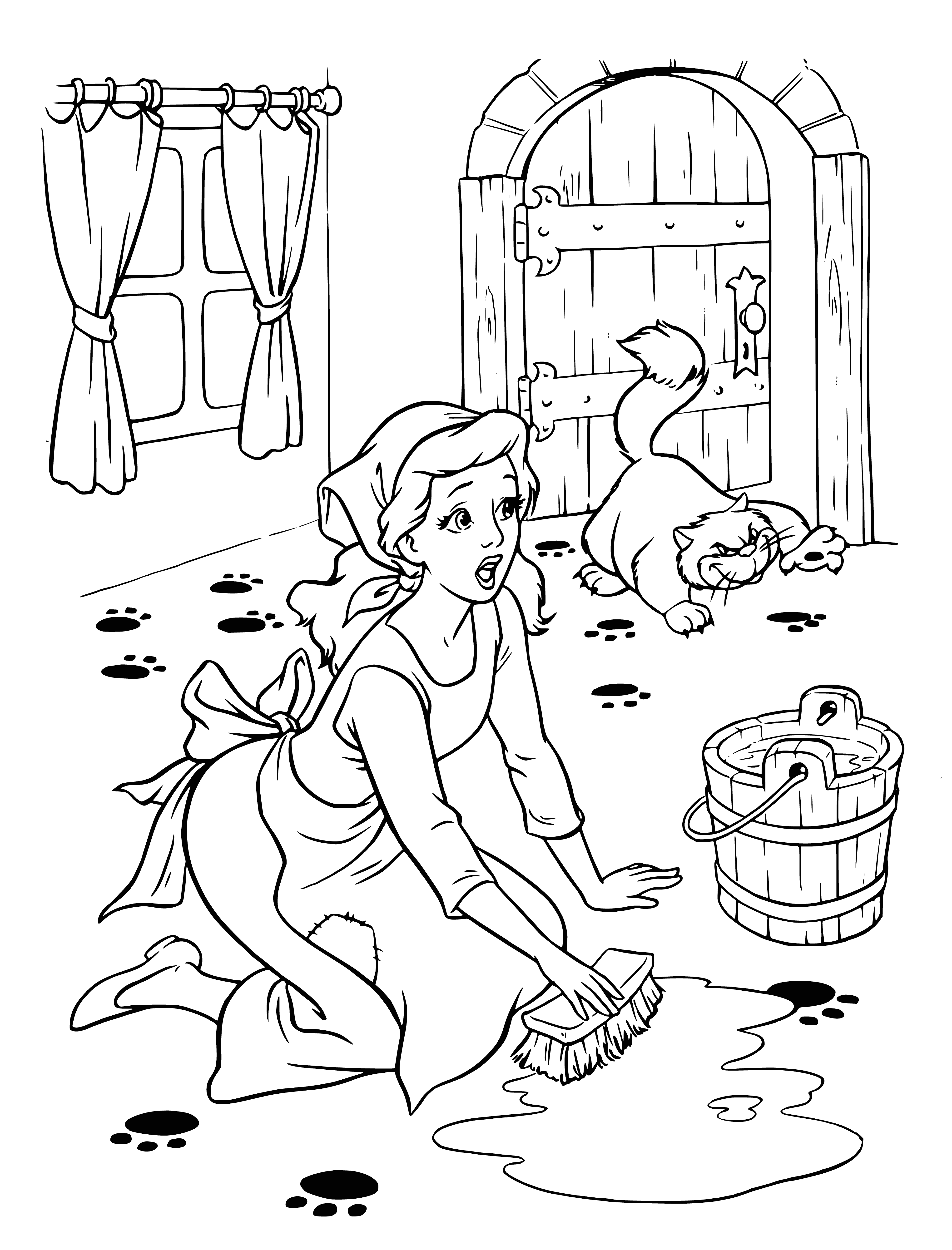 coloring page: Cinderella: blonde hair, blue gown, silver crown, pink flower. A fairytale princess come to life!