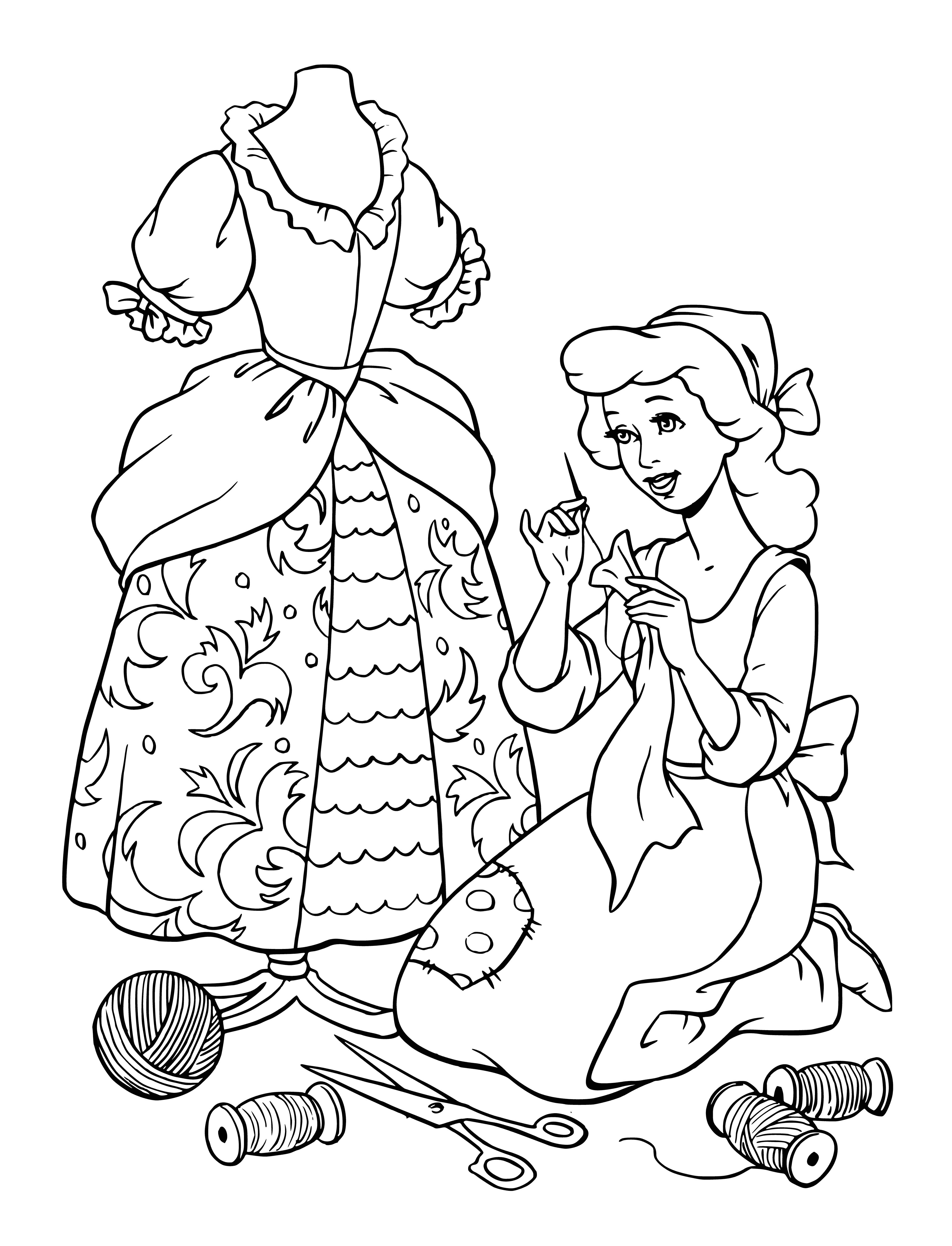 coloring page: -> Cinderella stands with a pumpkin in hand, smiling at a castle in a blue dress. #Cinderella