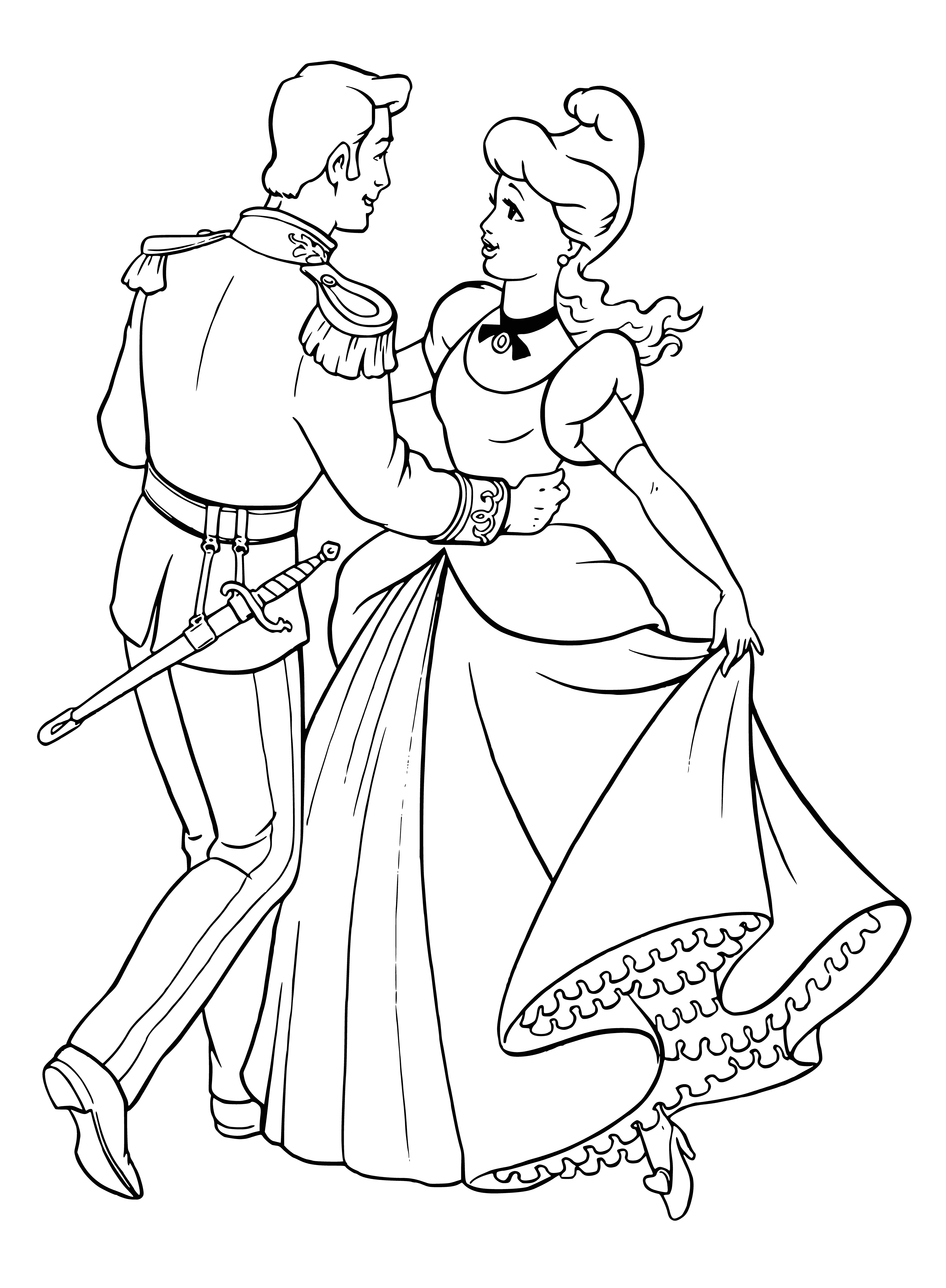 coloring page: Prince stands w/white shirt+blue jacket+pants; holding blue ball. Cinderella in blue dress+white apron; broom in right hand.