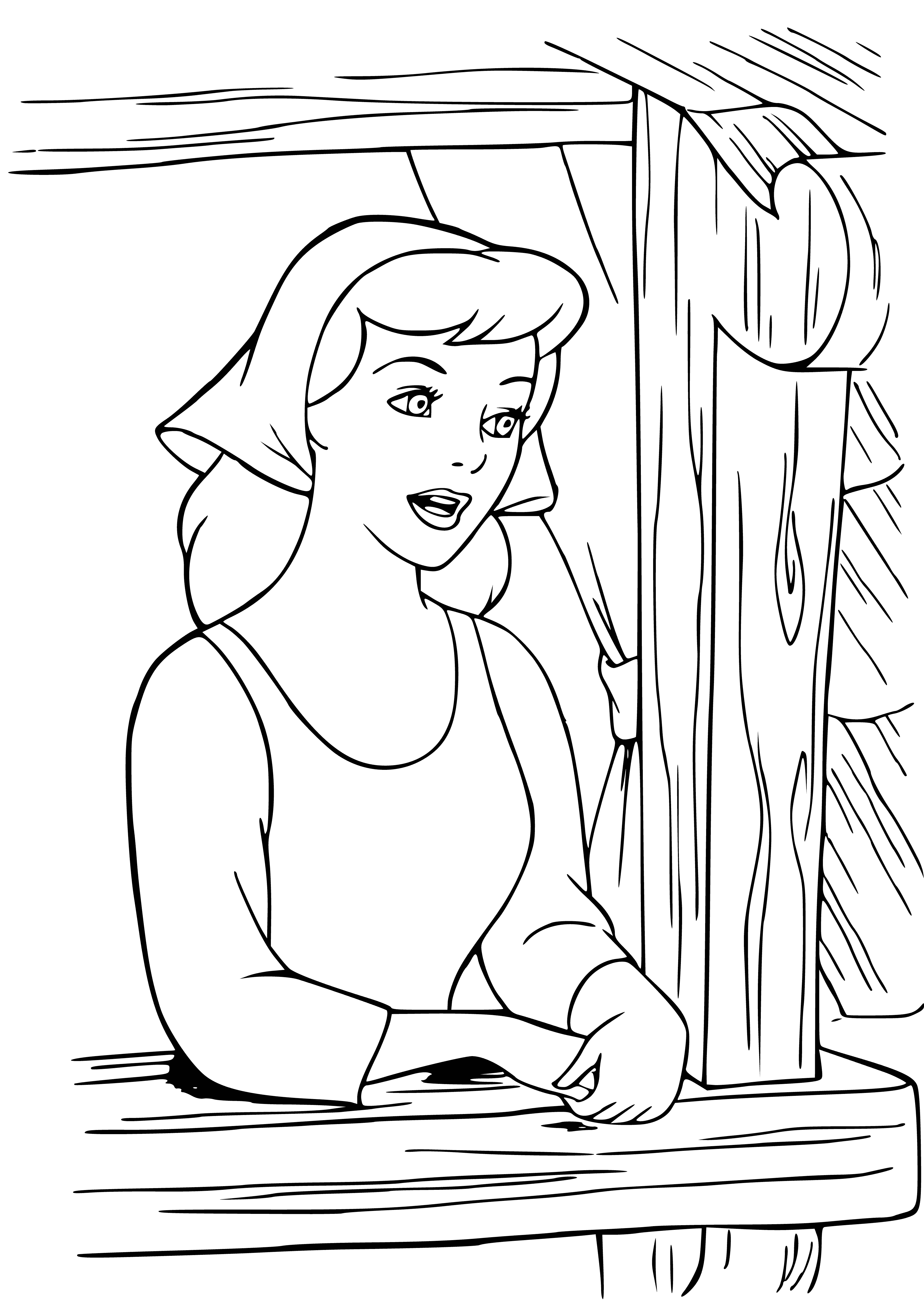 coloring page: Cinderella sings with bluebird on shoulder, holding golden one in hand in forest.