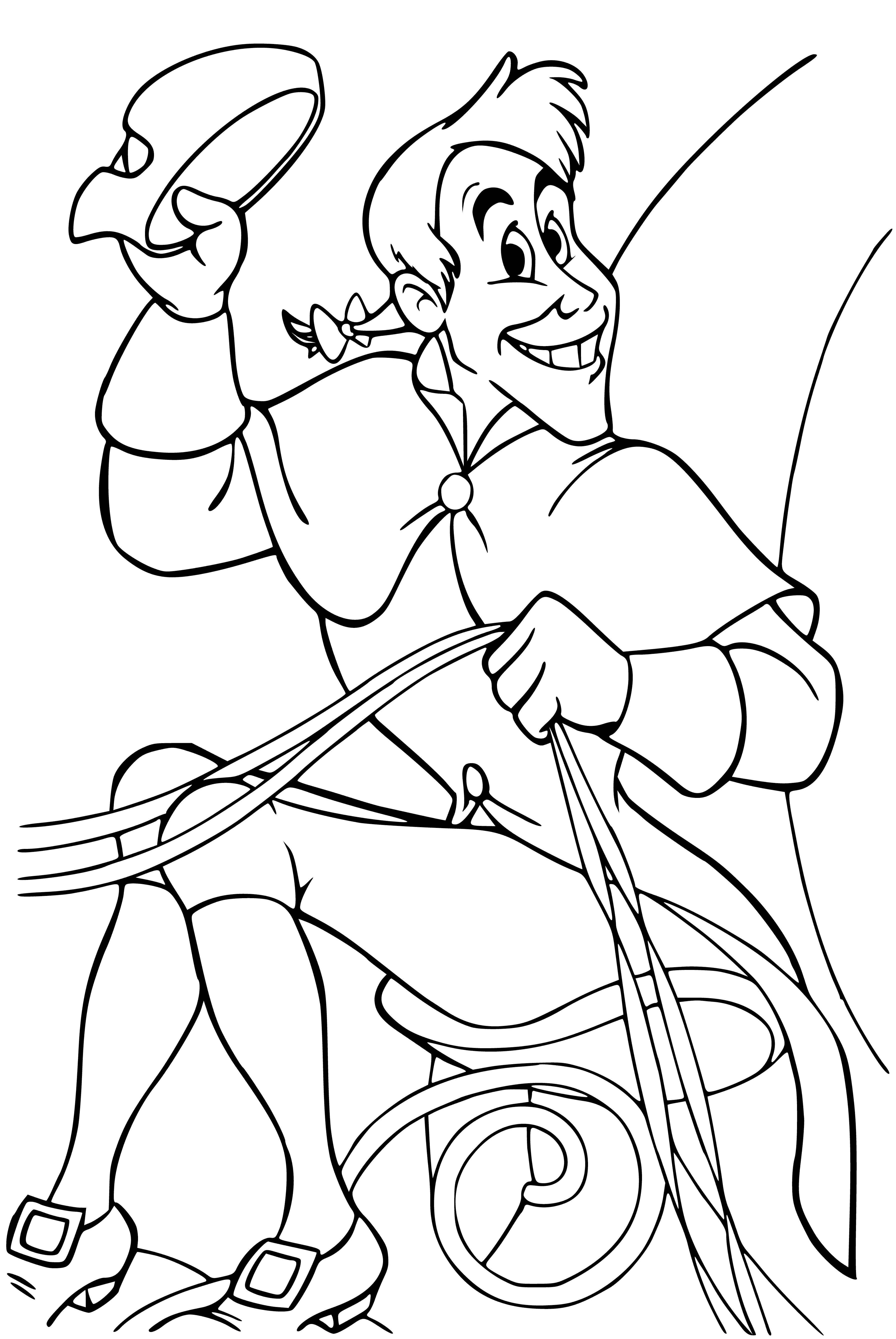 coloring page: Cinderella transforms into a coachman with a whip and hat in the coloring page.
