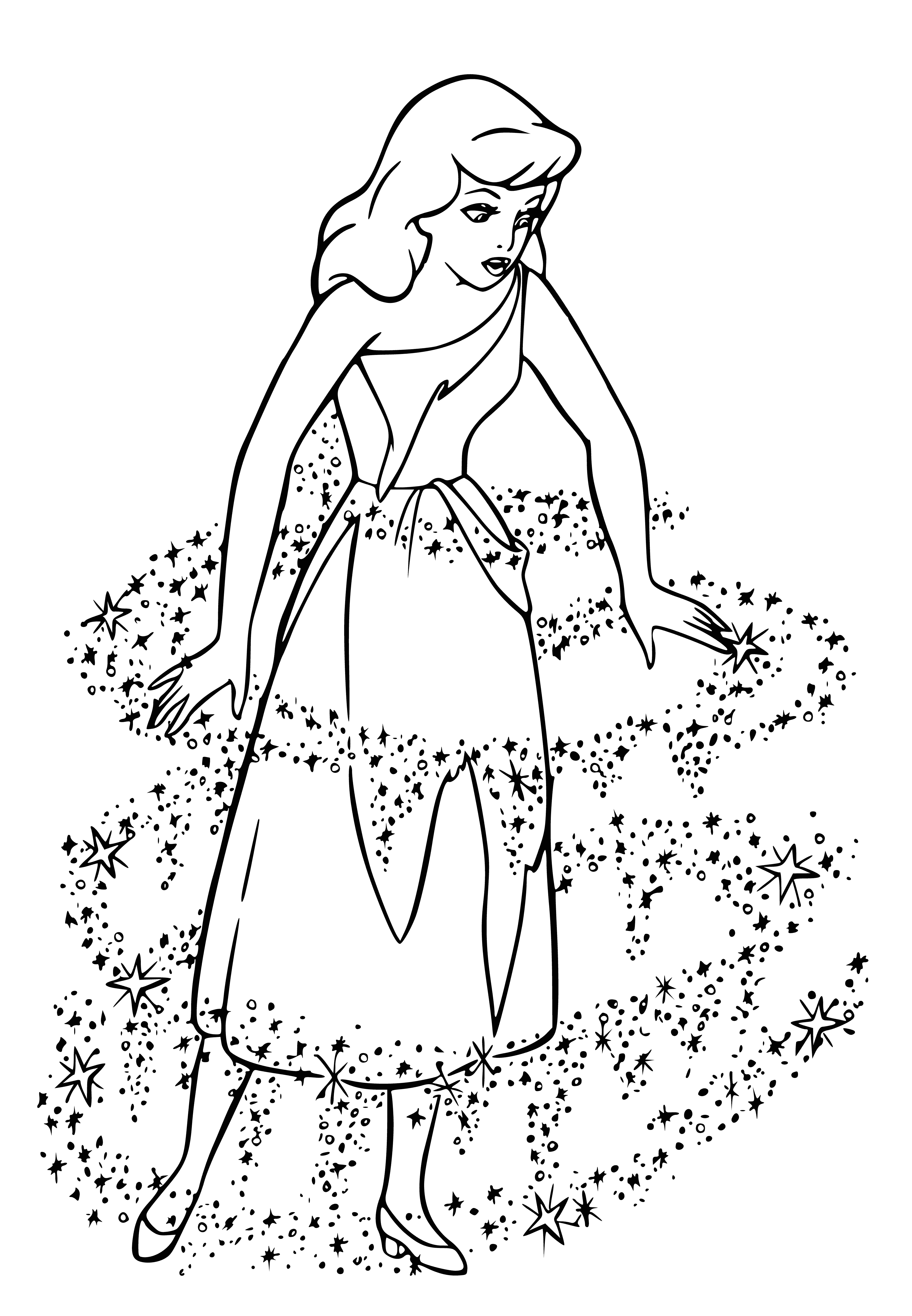 coloring page: Cinderella smiles, exhausted but hopeful, as her fairy godmother arrives to encourage her dreams.