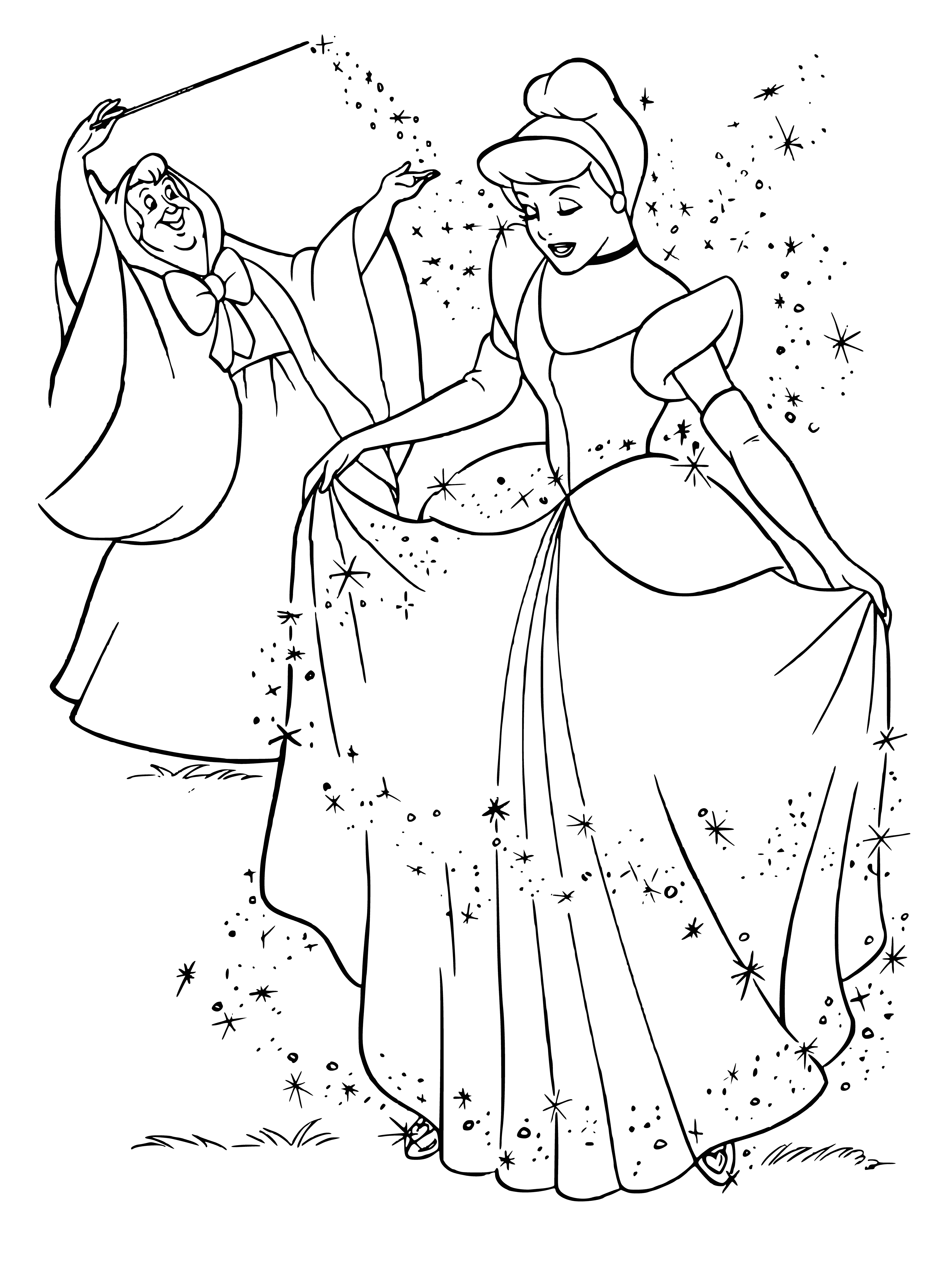 coloring page: Cinderella kneels as her Fairy Godmother waves a wand, transforming her into a princess with new dress, shoes, and jewelry.