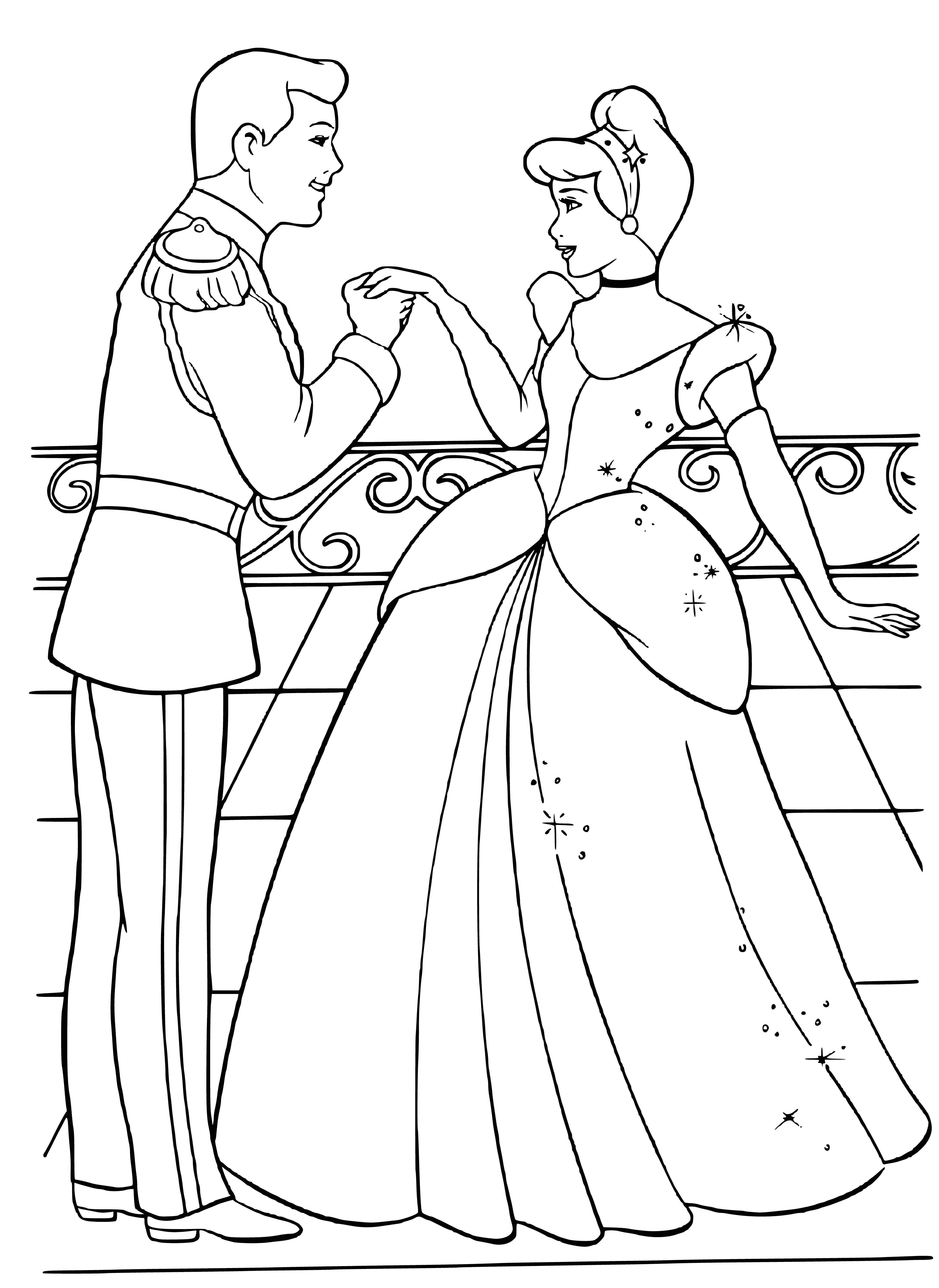 coloring page: She stands in a flowing dress, smiling at him as he looks on with intrigue - a pumpkin sits at her feet. #fall #seasons