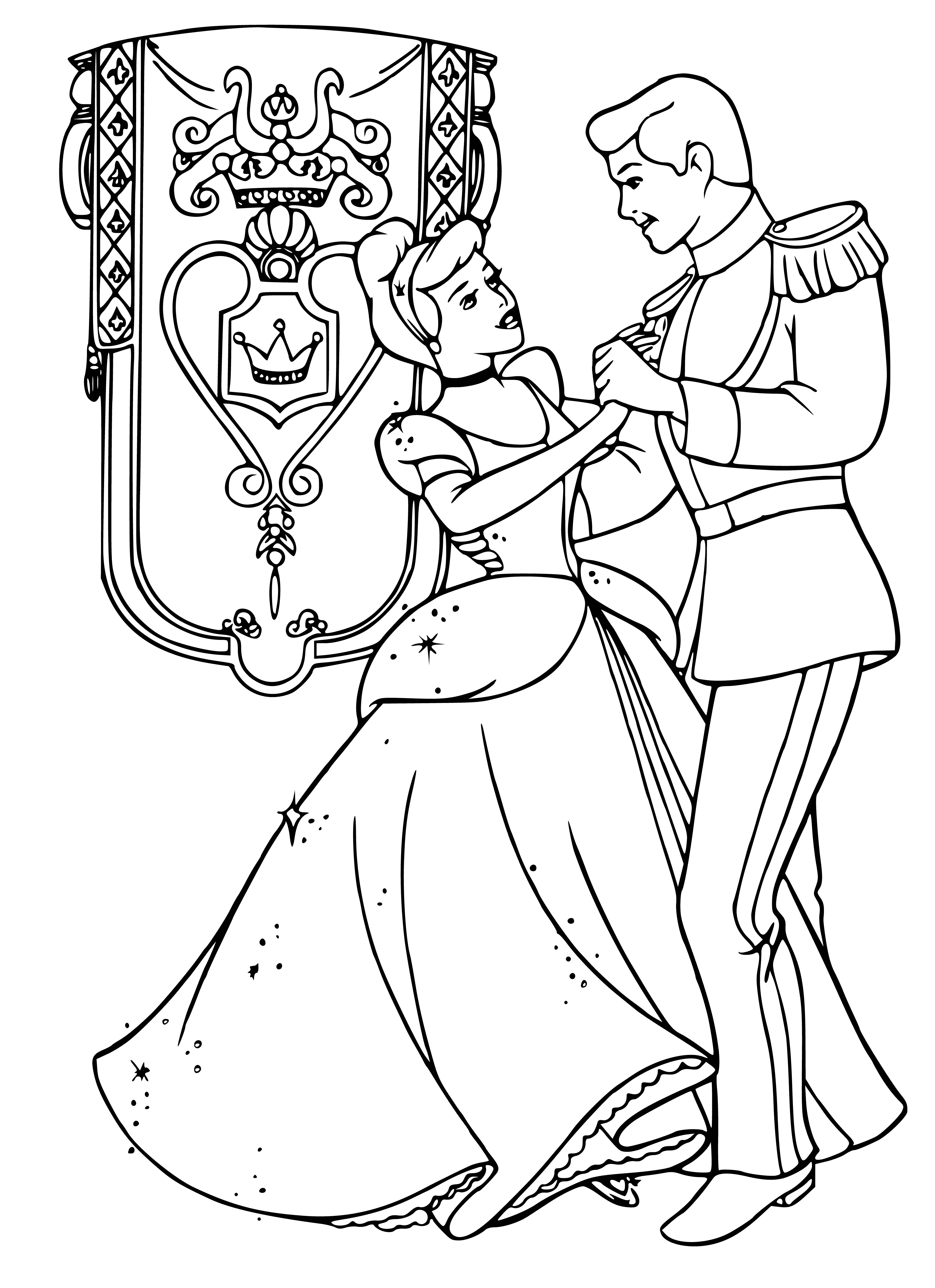 coloring page: Cinderella twirls gracefully in a beautiful gown as the prince looks on lovingly. They are in their own world in a sumptuous ballroom.