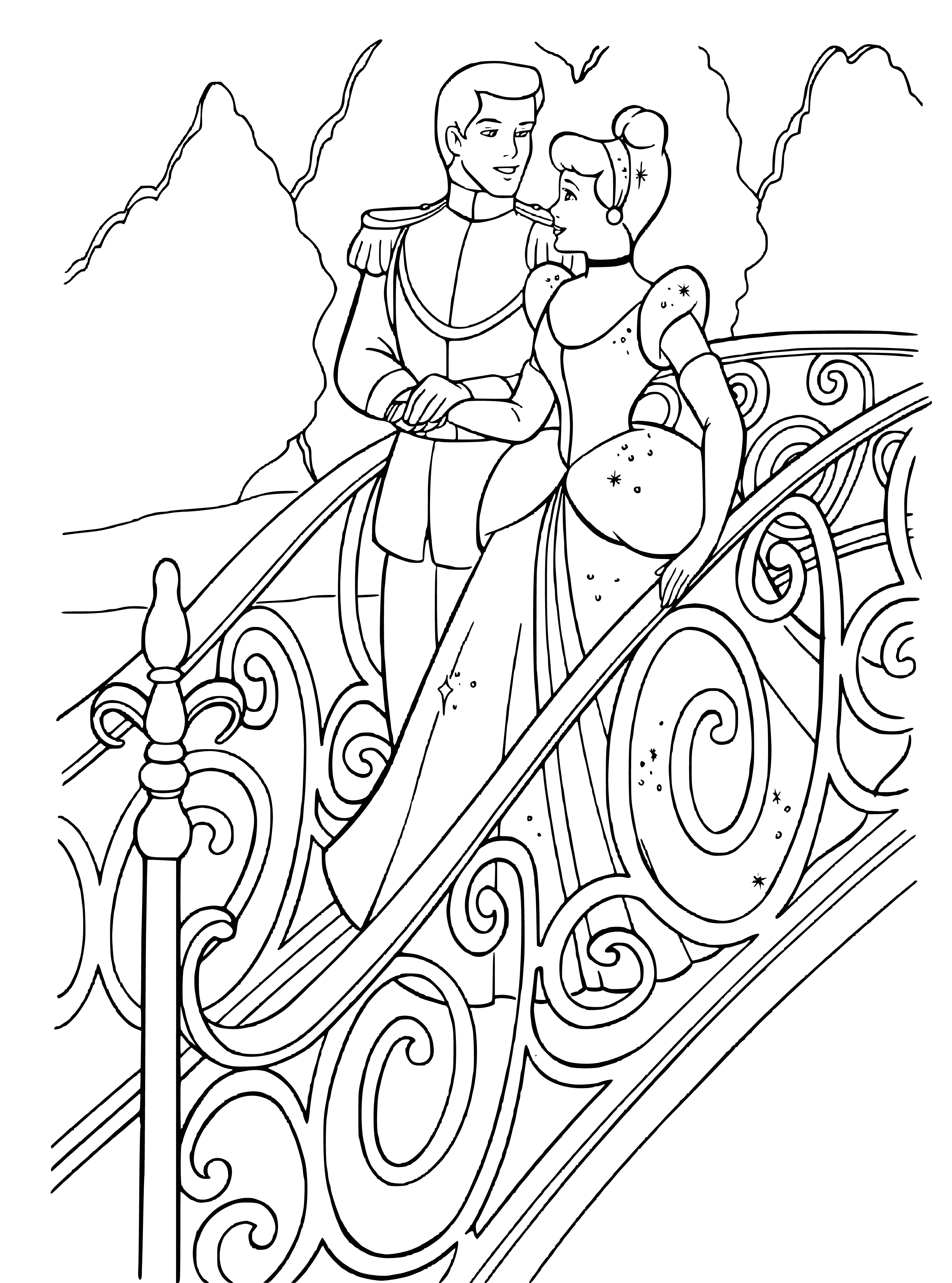 coloring page: Cinderella and her handsome prince dance and look happy together, and their love brings them happiness and joy.