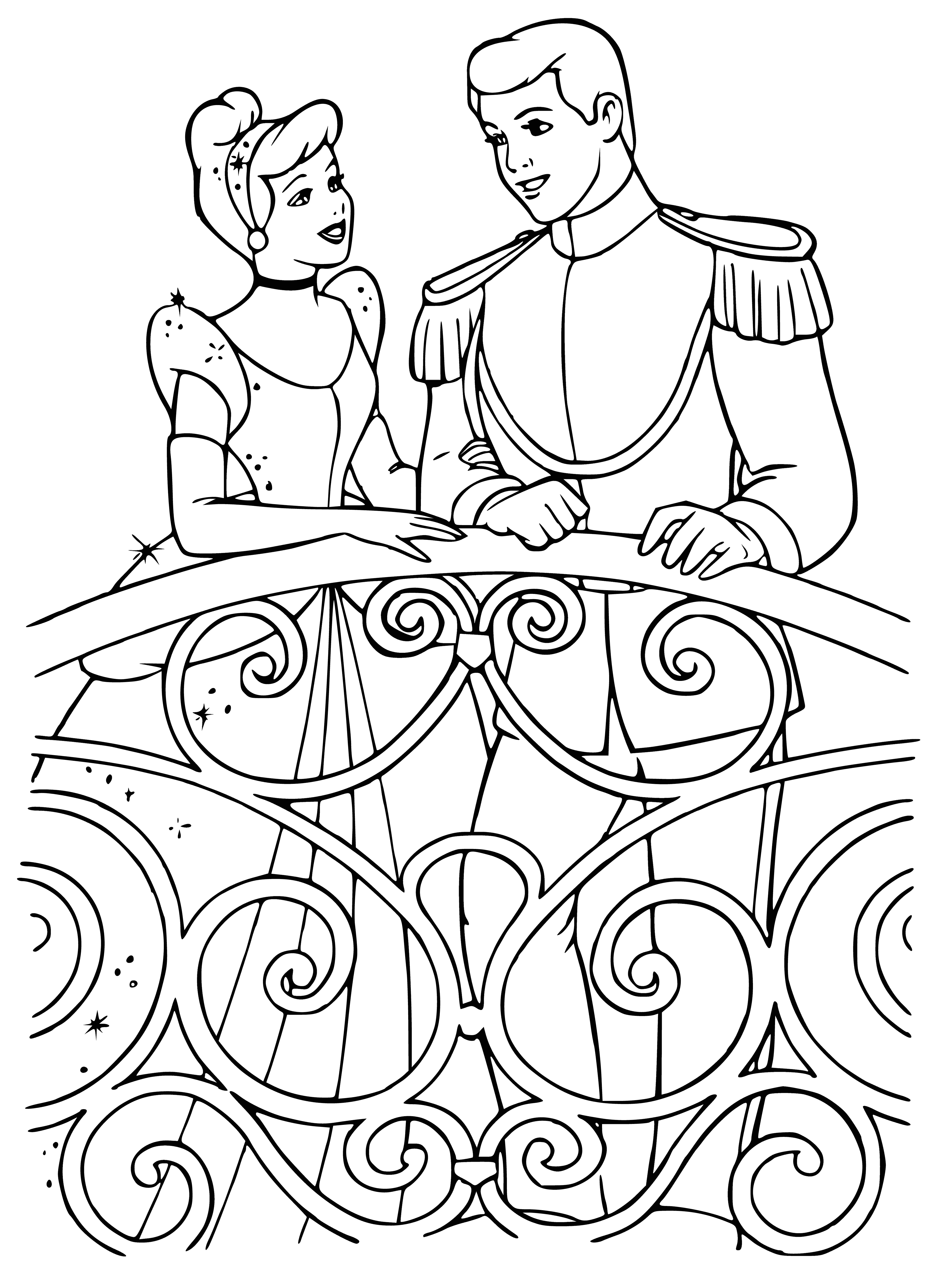 coloring page: Cinderella kneels next to the slipper, Prince stands by with hand on her shoulder. She looks up with a smile.