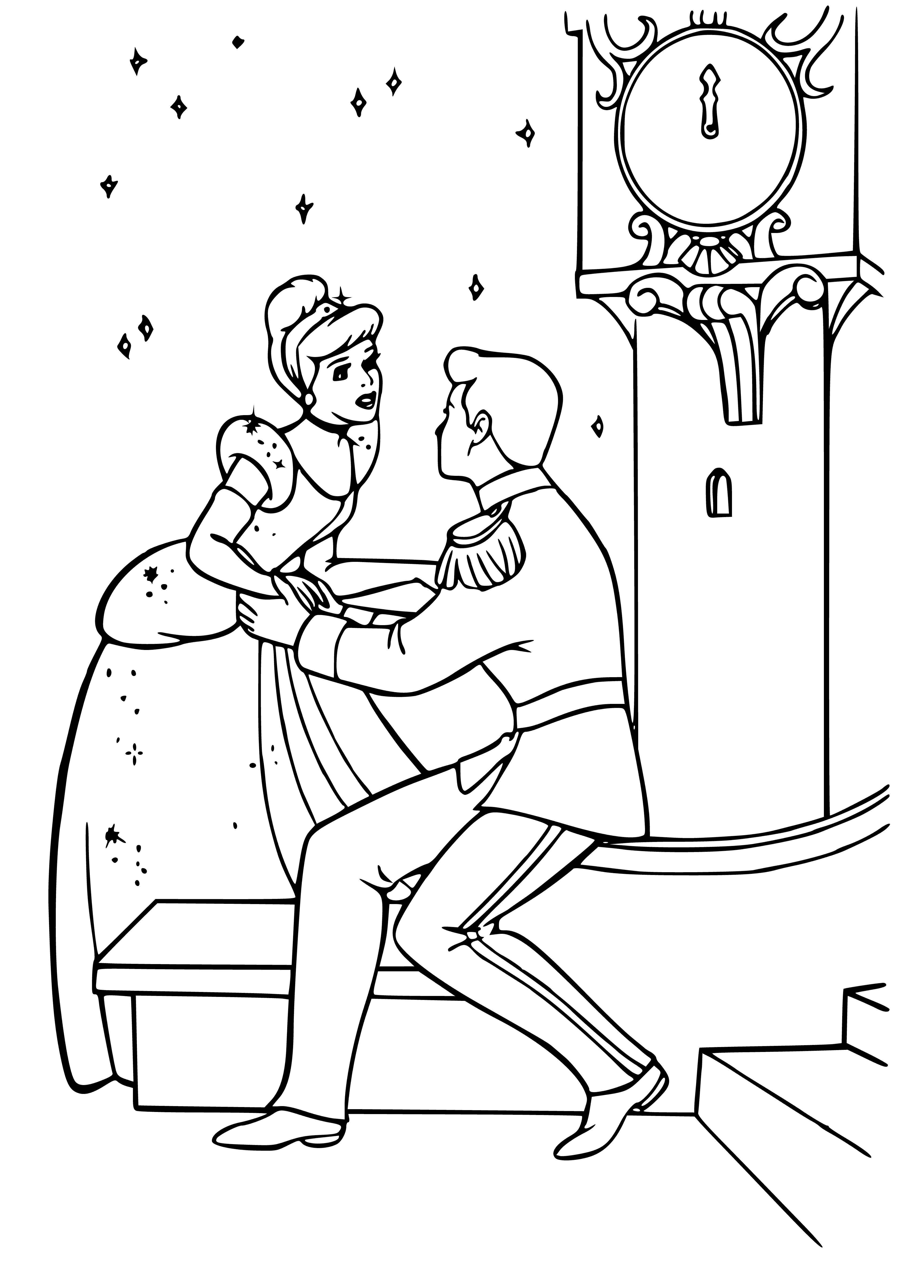 coloring page: Cinderella's magical dress turns to rags when midnight strikes, so she runs from the Prince in terror.