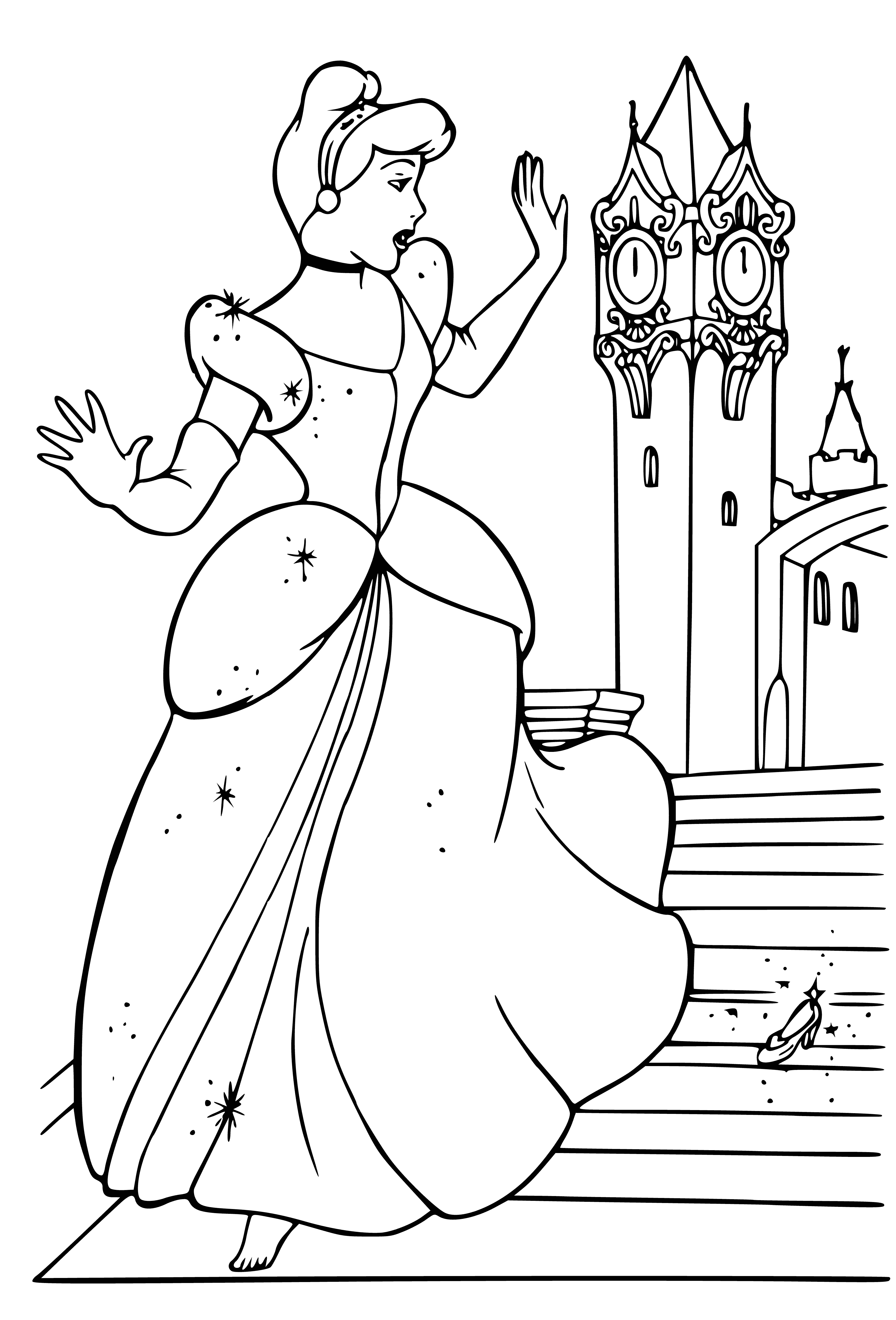 coloring page: A woman stands on a grassy field in a torn, light-colored dress, missing her left shoe. She looks sadly around her.