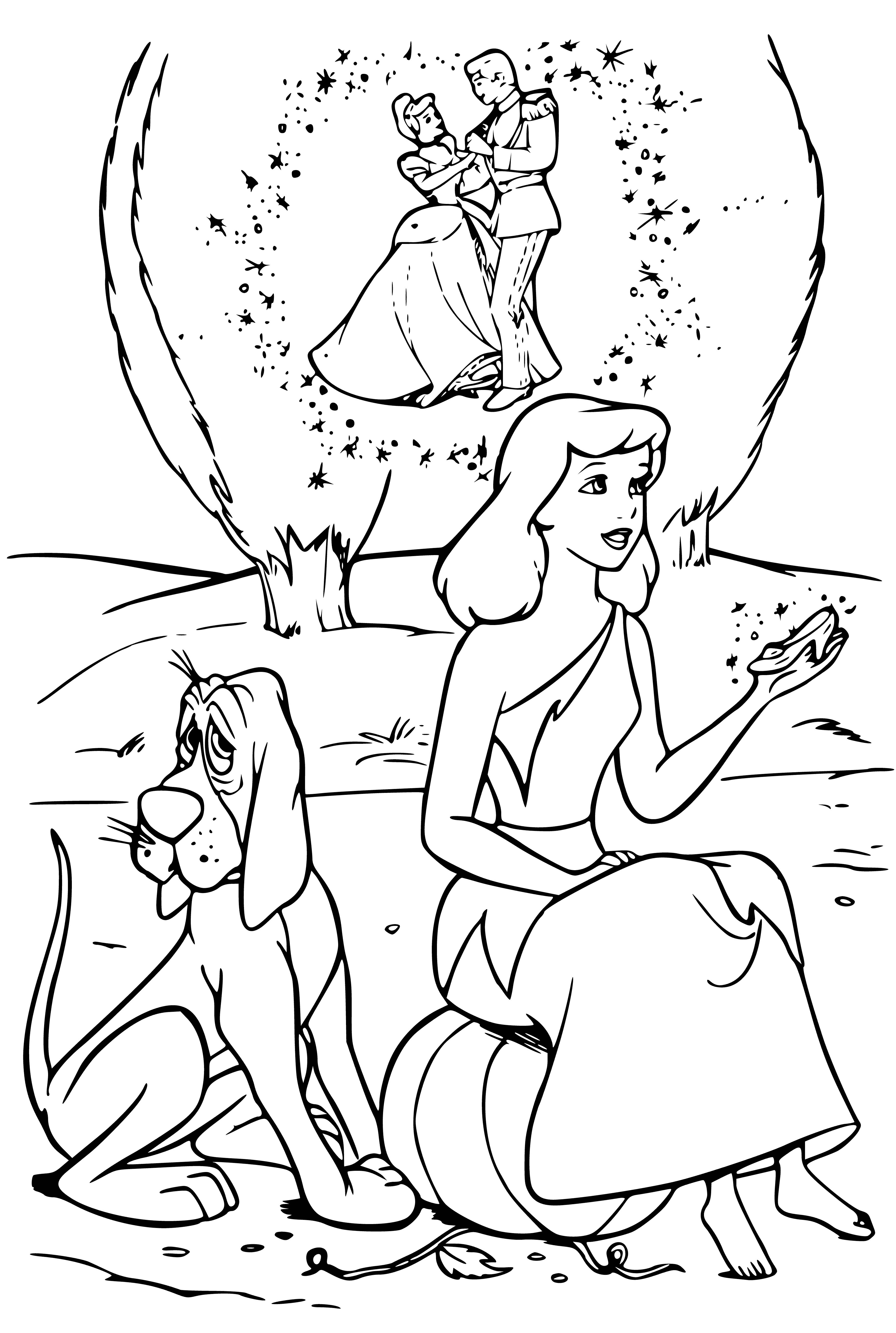 coloring page: --> Young girl admires her appearance in the mirror, excited in beautiful dress and styled hair.