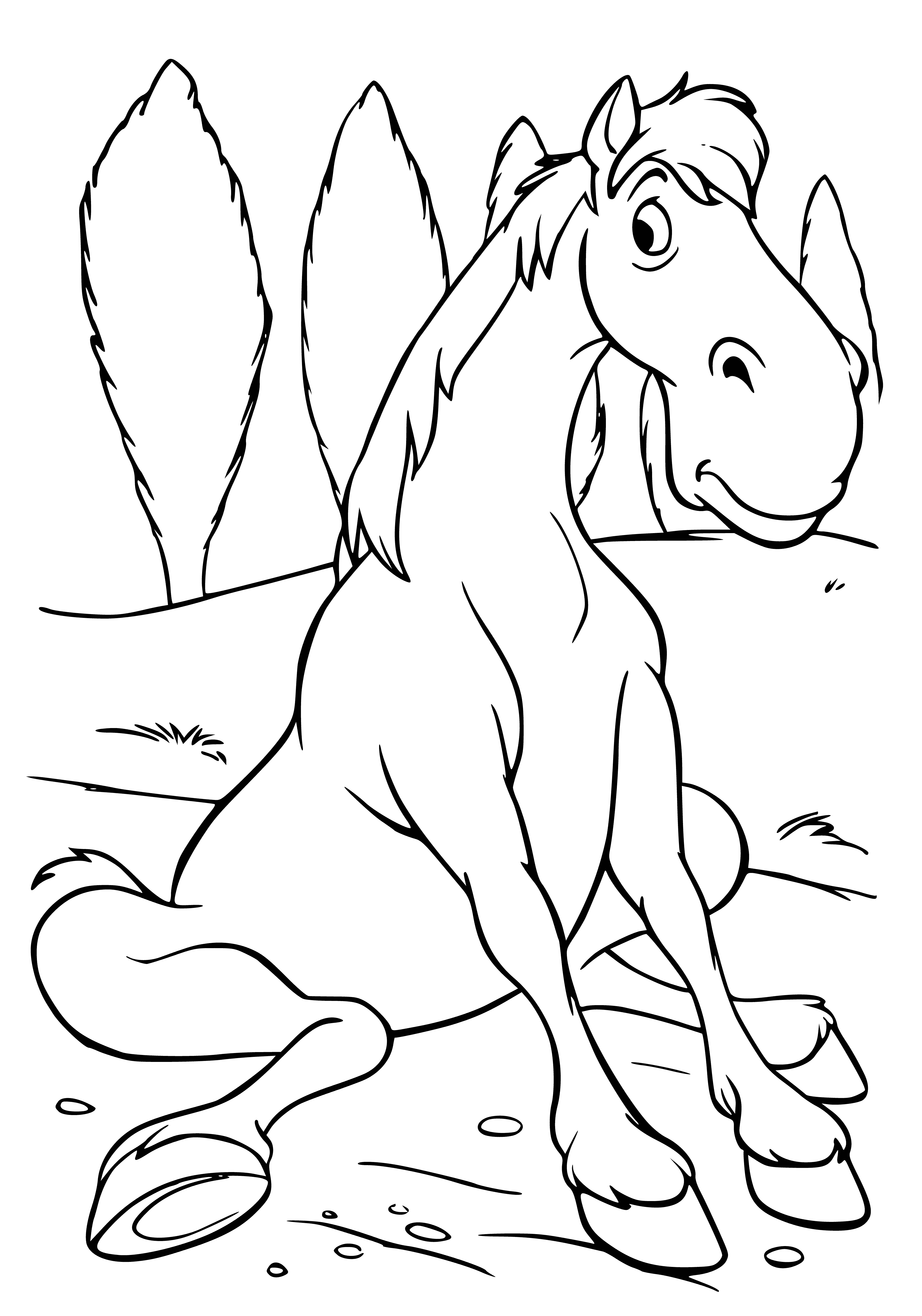 coloring page: White horse w/ blonde mane/tail stands in green pasture, saddled/bridled w/ blue ribbon 'round neck. #horseriding
