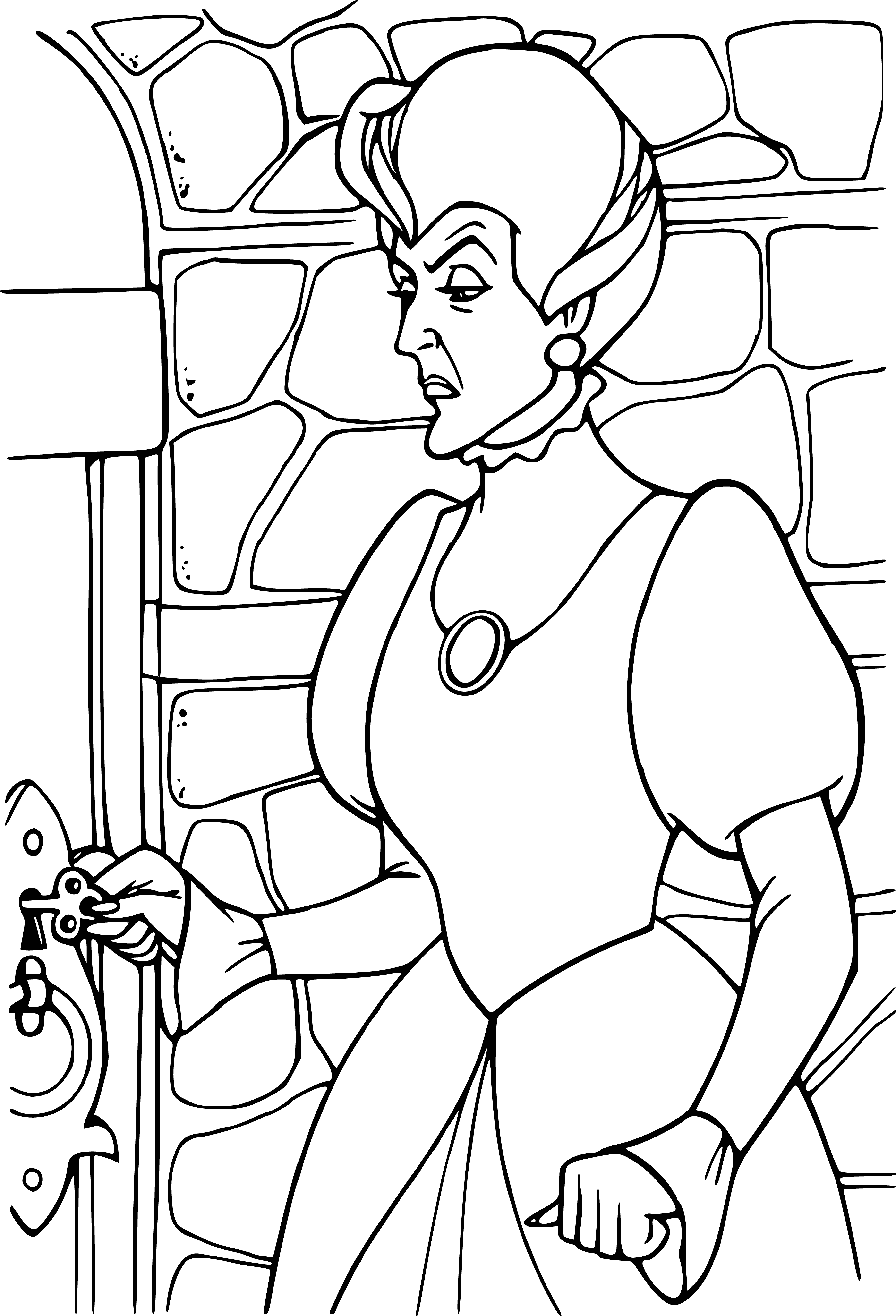 coloring page: Two women stand close, taller one smiling wickedly and shorter one looking scared.