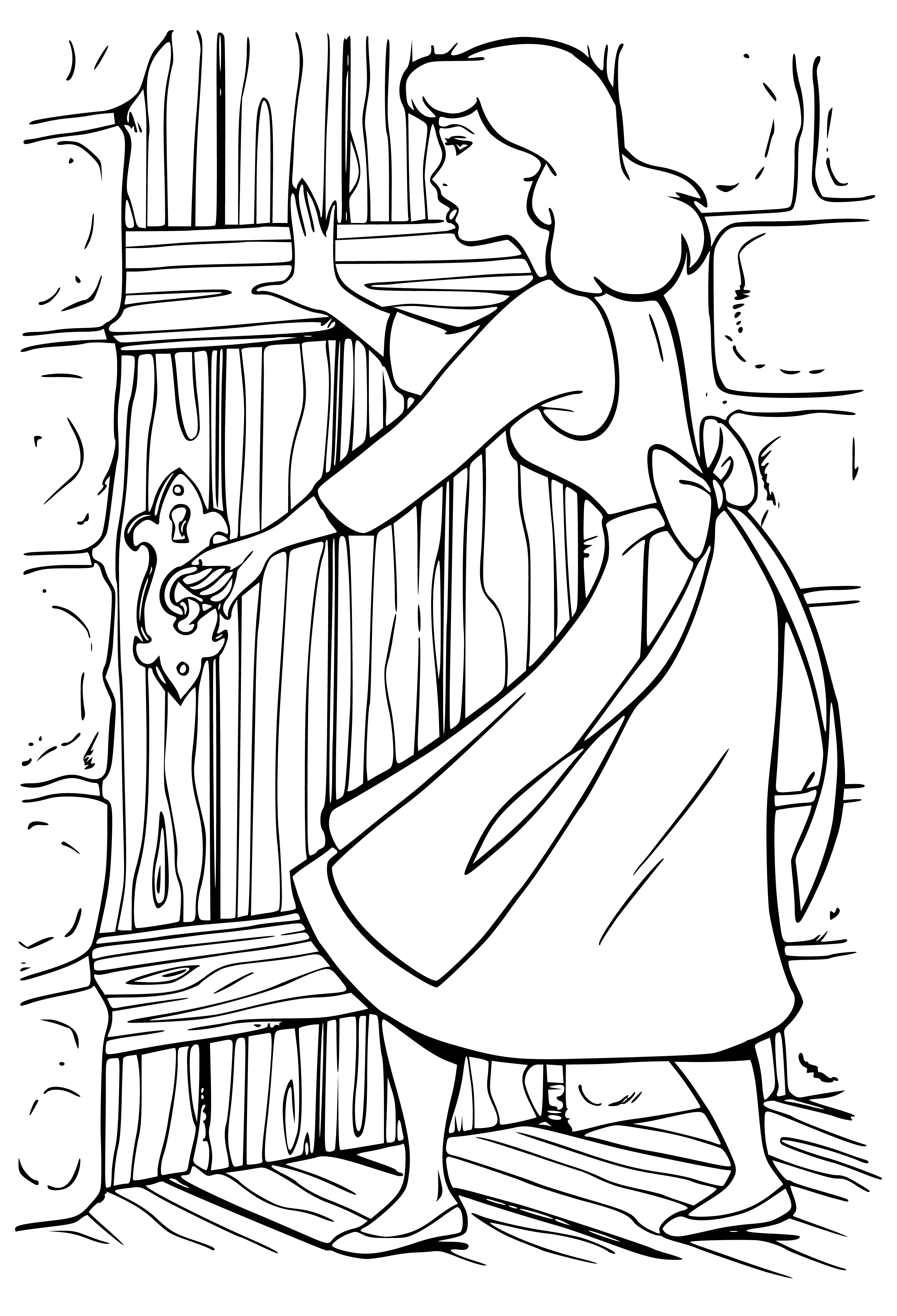 coloring page: Cinderella is locked alone, in the dark, scared and sad. Only a small window above brings light.