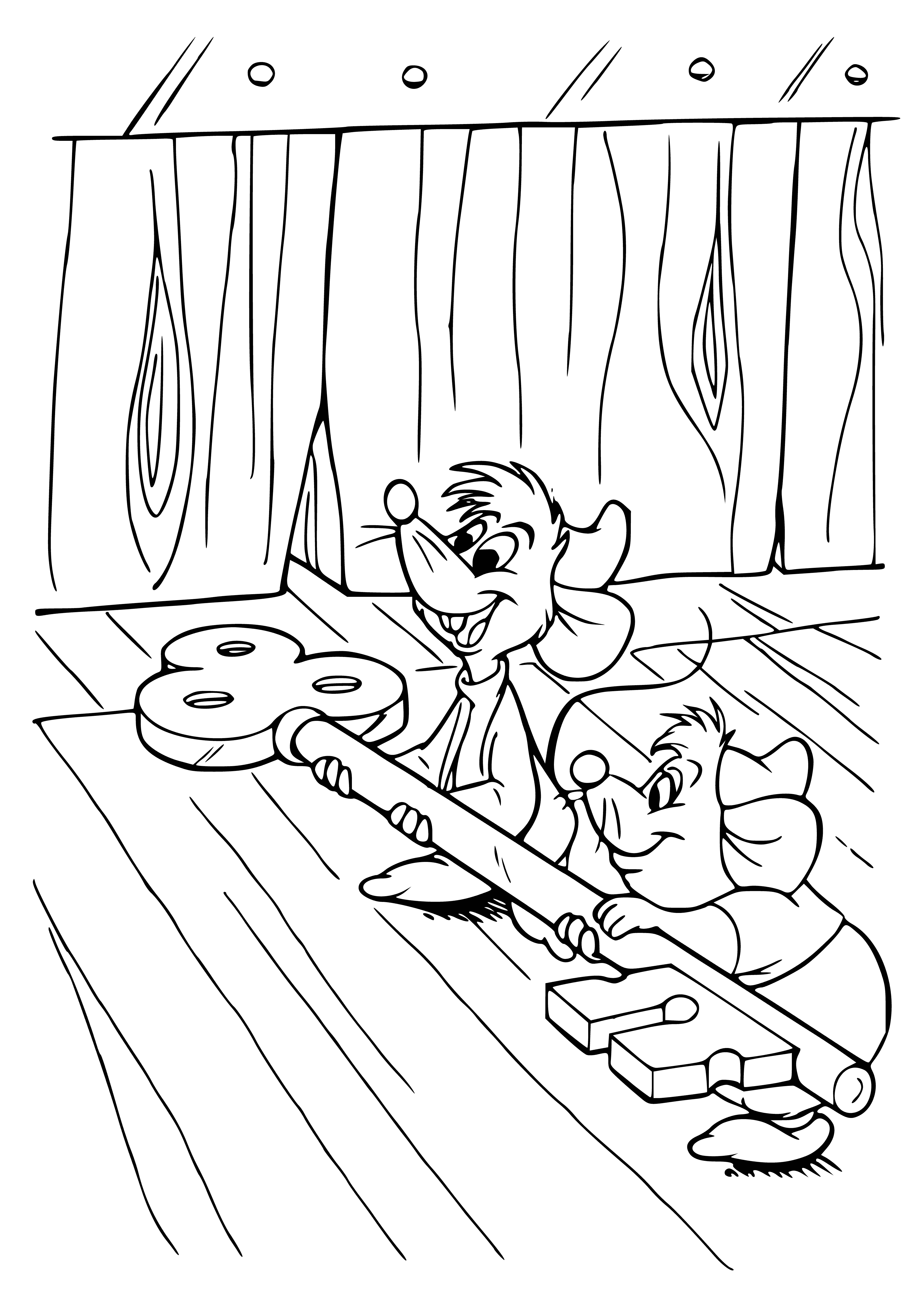coloring page: Five mice rescue Cinderella from her cell. Two tug her chains while three open the door.