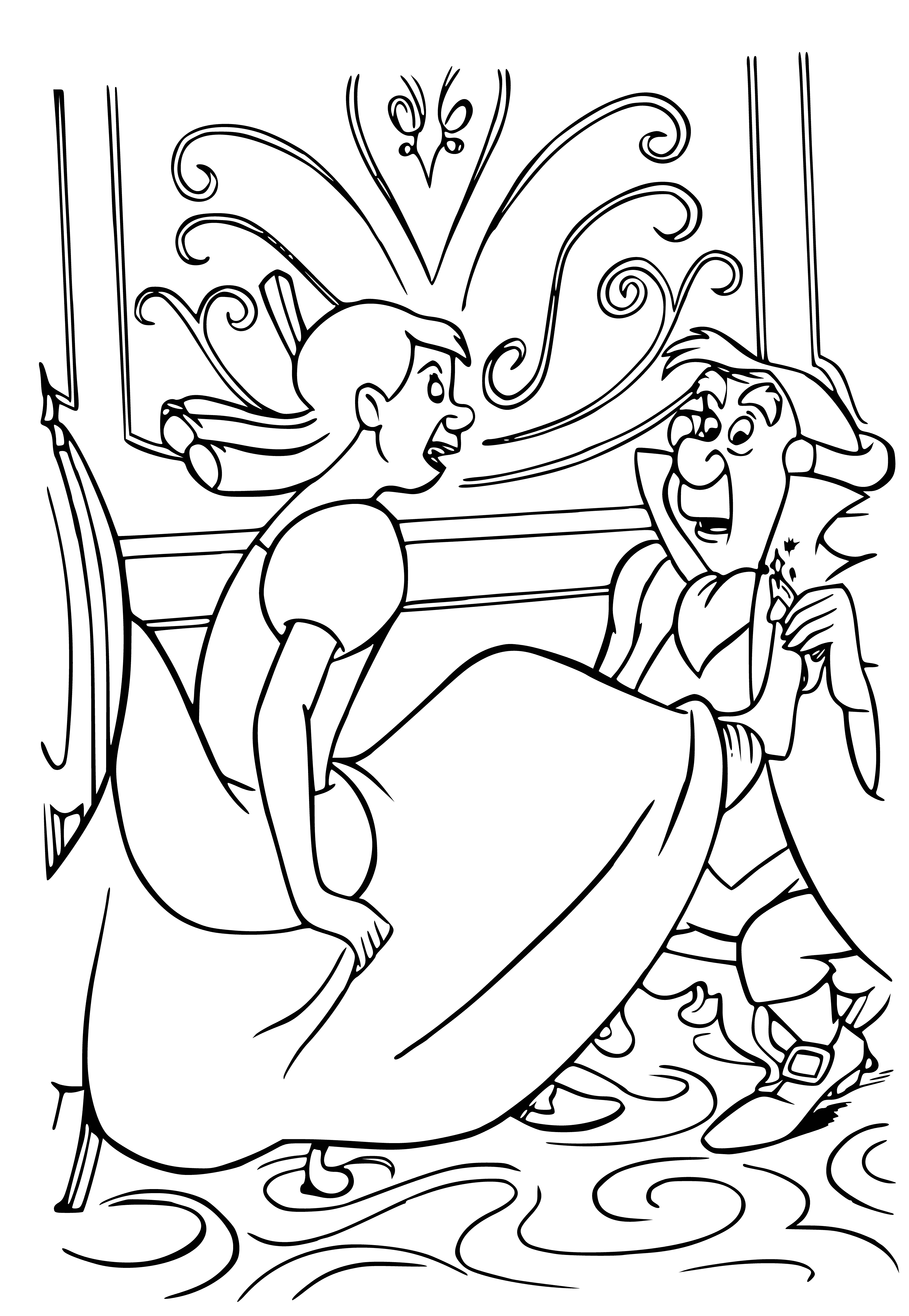 coloring page: Sisters measure slipper with ruler; one holds slipper, other holds ruler's end, both look at slipper.