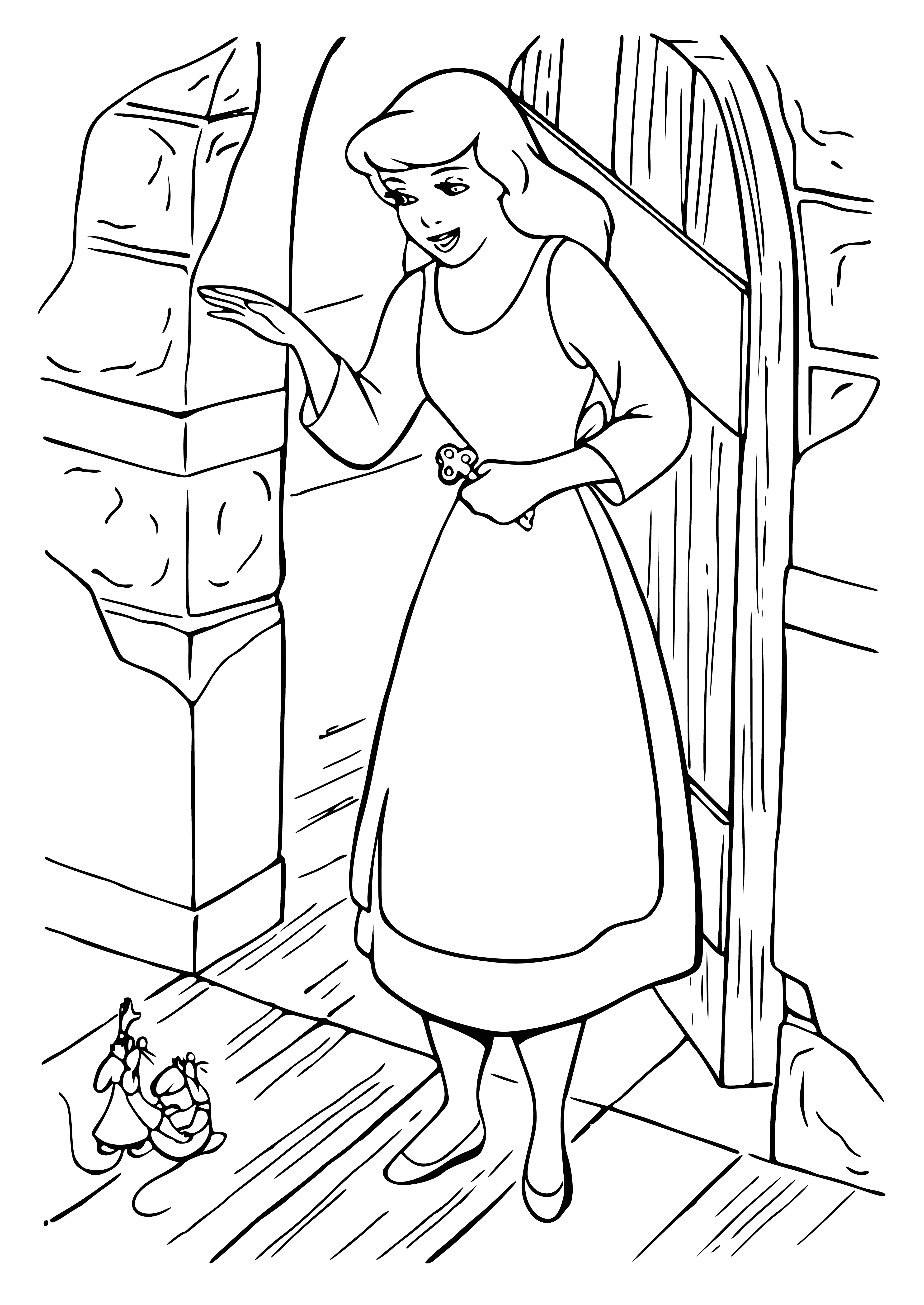 coloring page: Two angry men ready to fight in foreground with a scared looking woman in a dirty dress in the background - Cinderella?