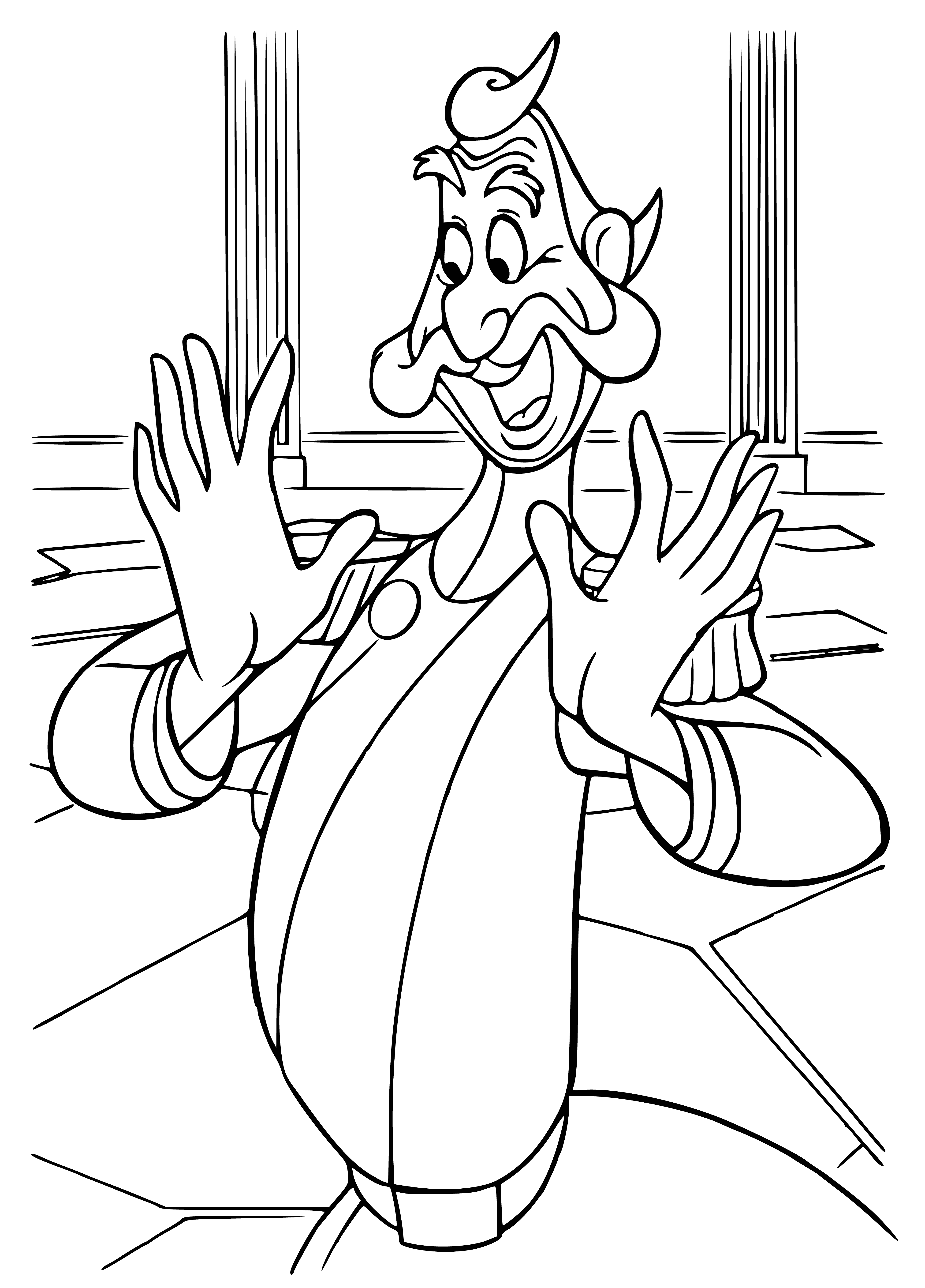 coloring page: Woman in white and man in blue, standing before fireplace - she looks happy, he looks angry.