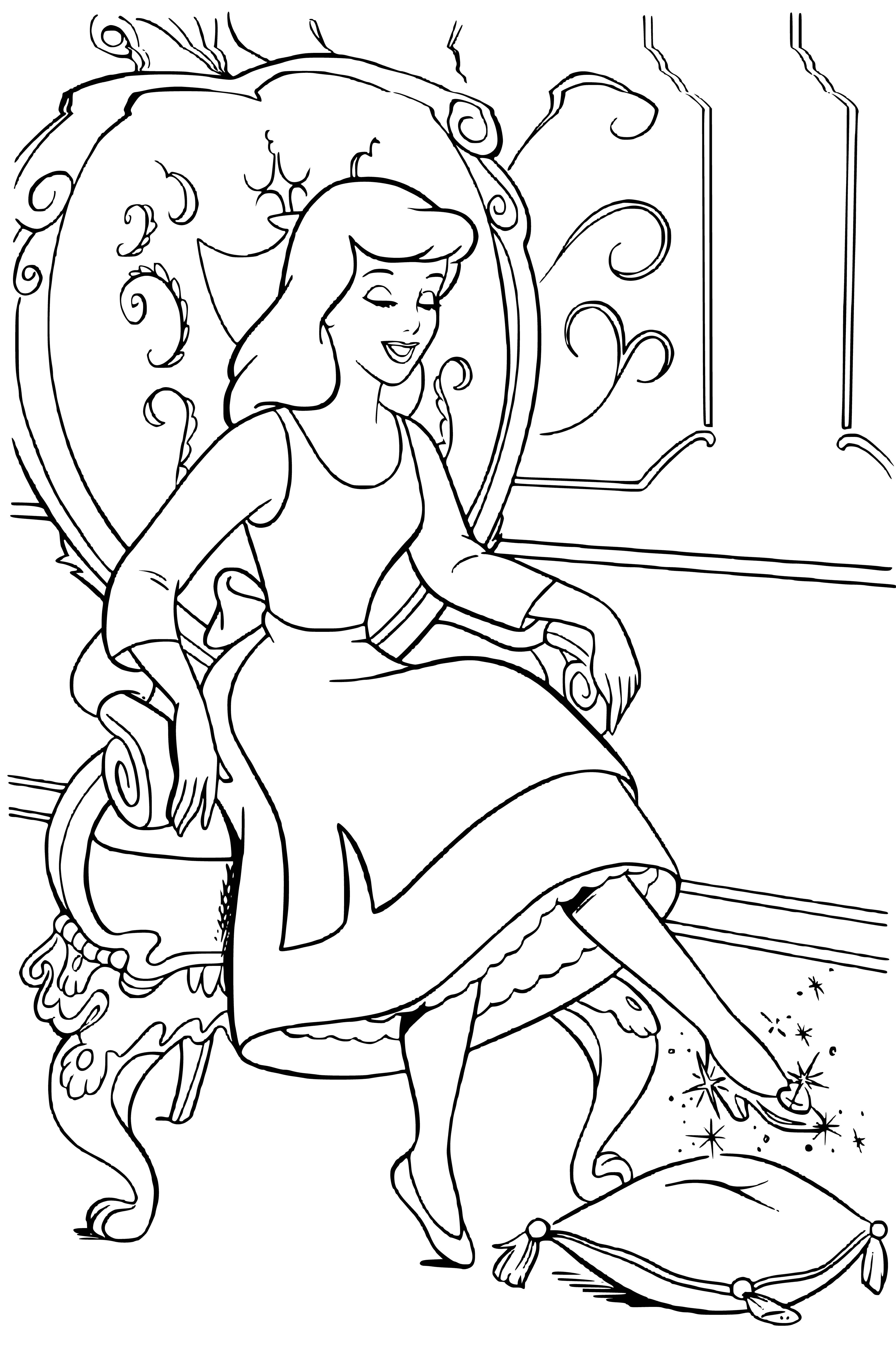 coloring page: Cinderella worries as the clock strikes midnight, in her blue dress, white collar, and white apron, with her hair pulled back in a bun and blue headband.