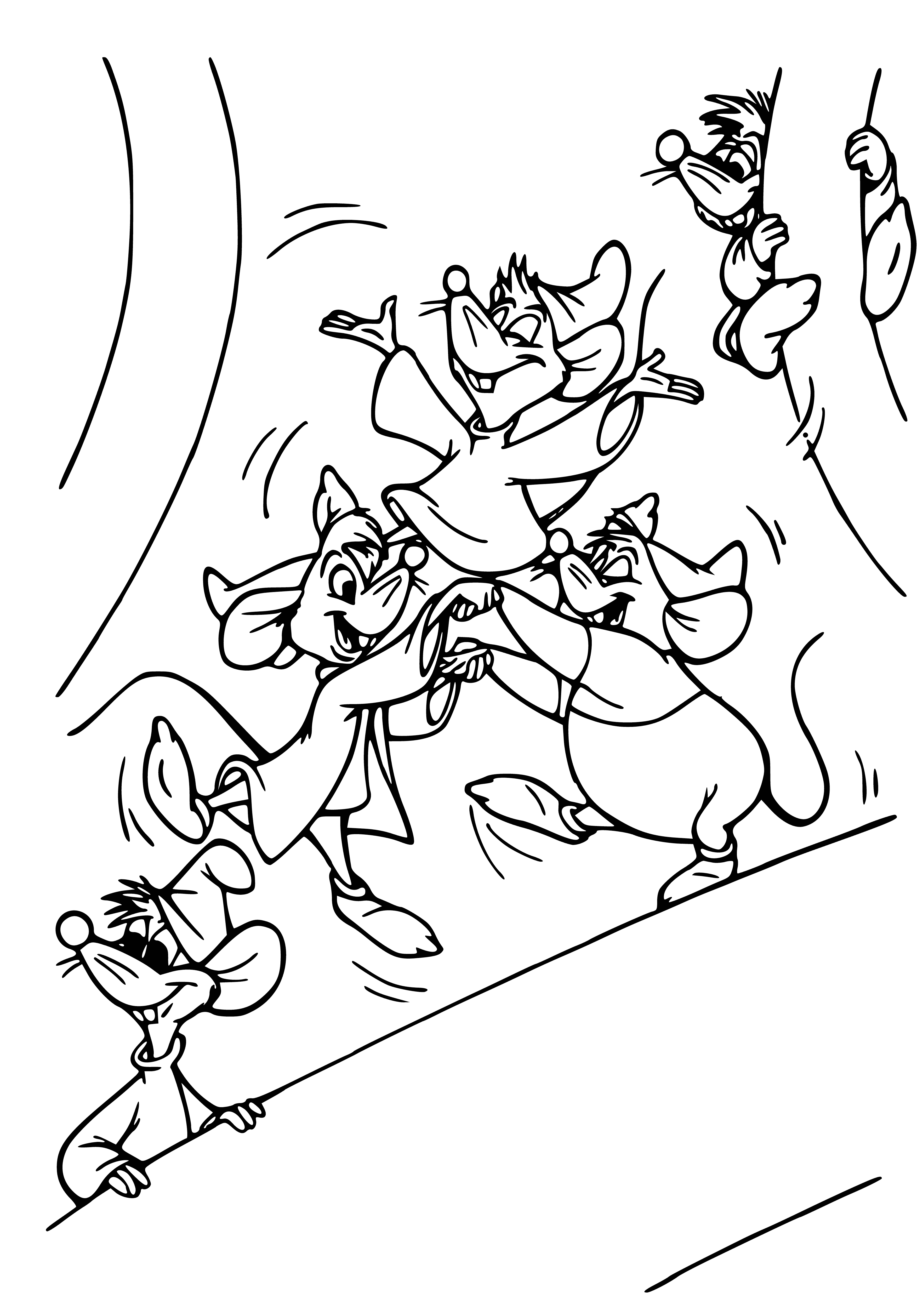 coloring page: Mice delight in the Cinderella coloring page w/ 4 surrounding a purple pumpkin, hands on it & smiling.