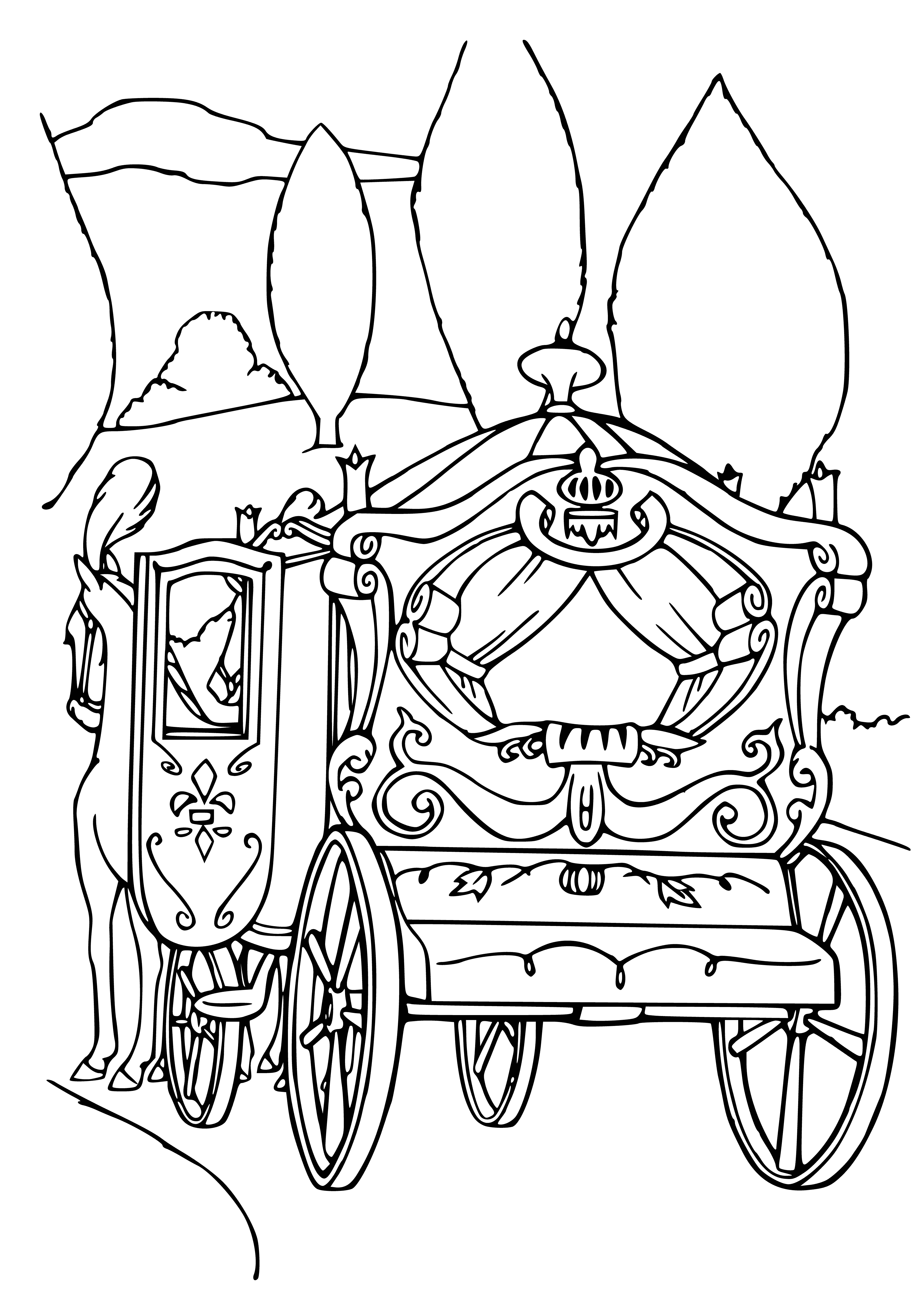 coloring page: Cinderella's fairy-tale ended with a pumpkin turned carriage, mice-horses & her getting her prince. They rode off into the sunset to live happily ever after.
