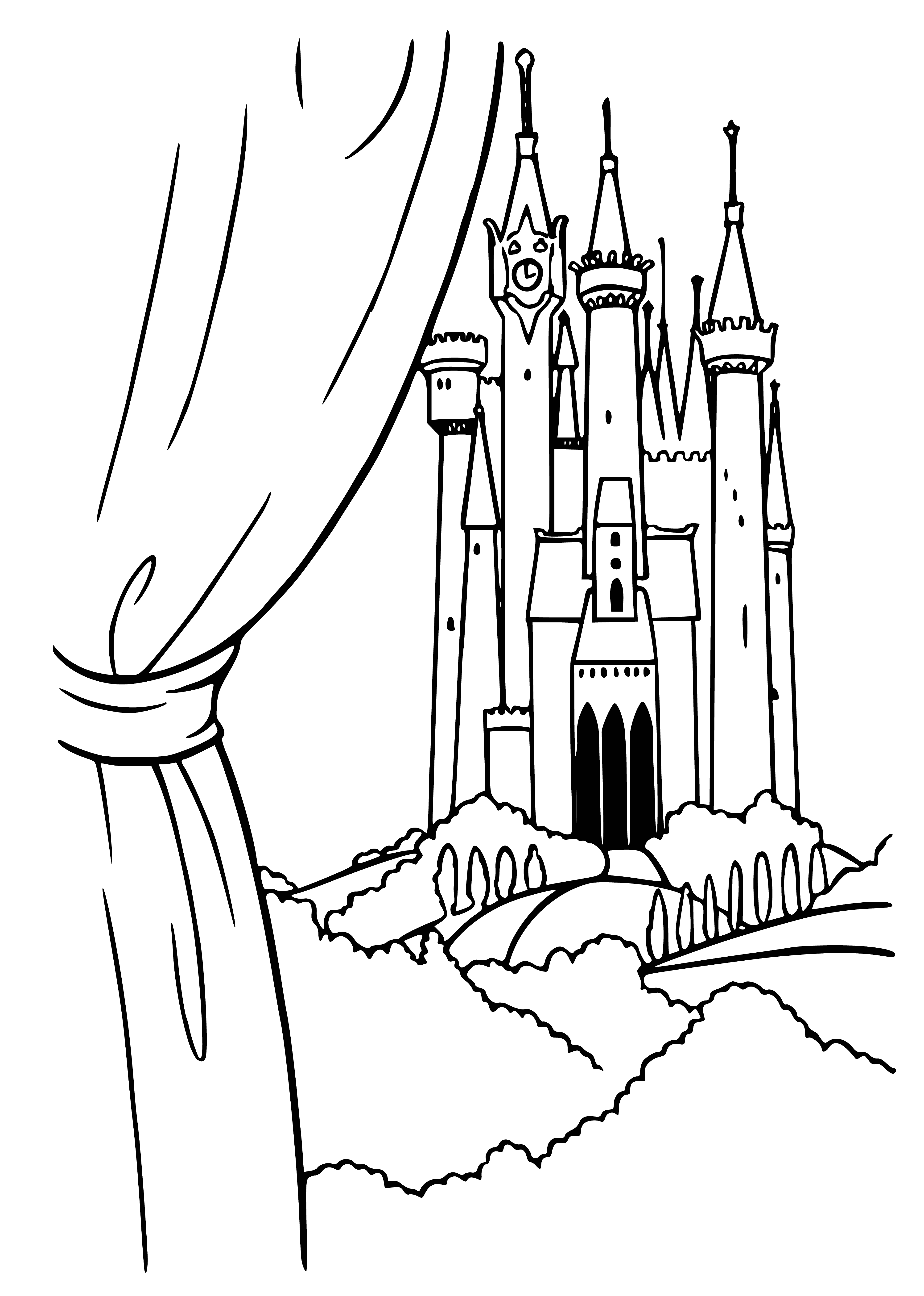 coloring page: Girl in rags kneels, scrubbing pot in front of castle with people milling around.