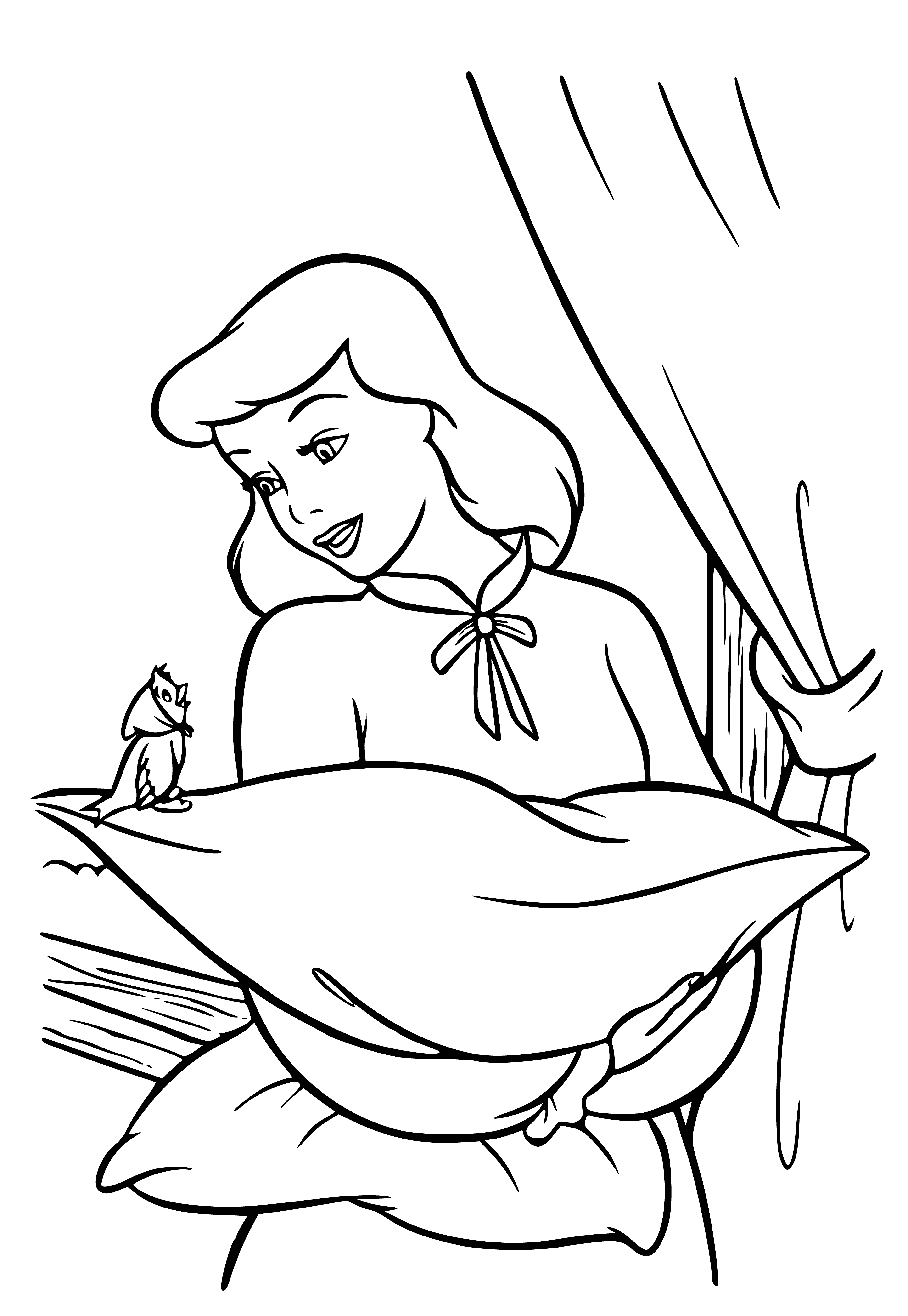 coloring page: Woman in blue dress sings in tall grass as three birds fly around her.