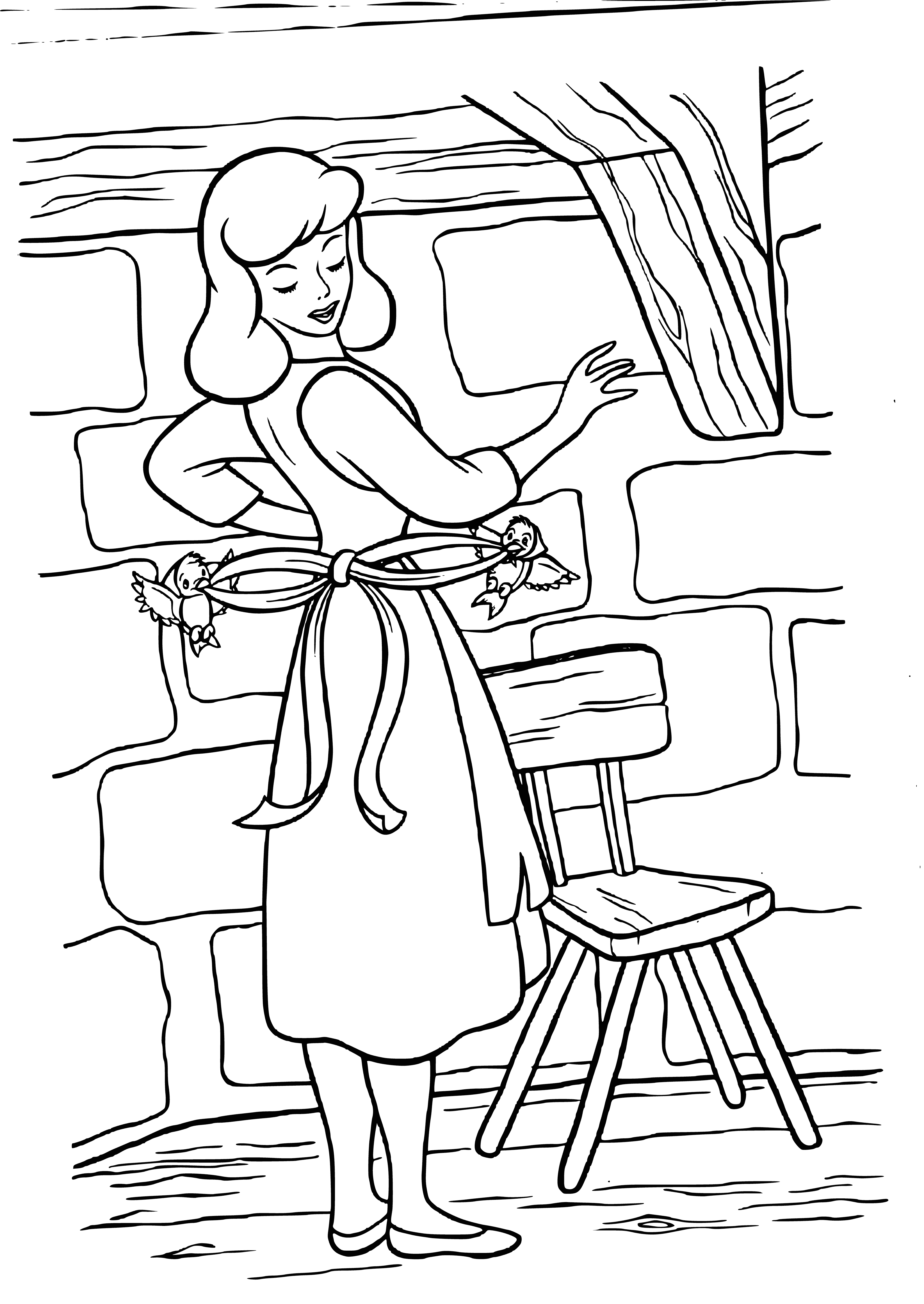 coloring page: Woman and bird share a sweet moment in nature, surrounded by tweeting birds and gentle breeze.