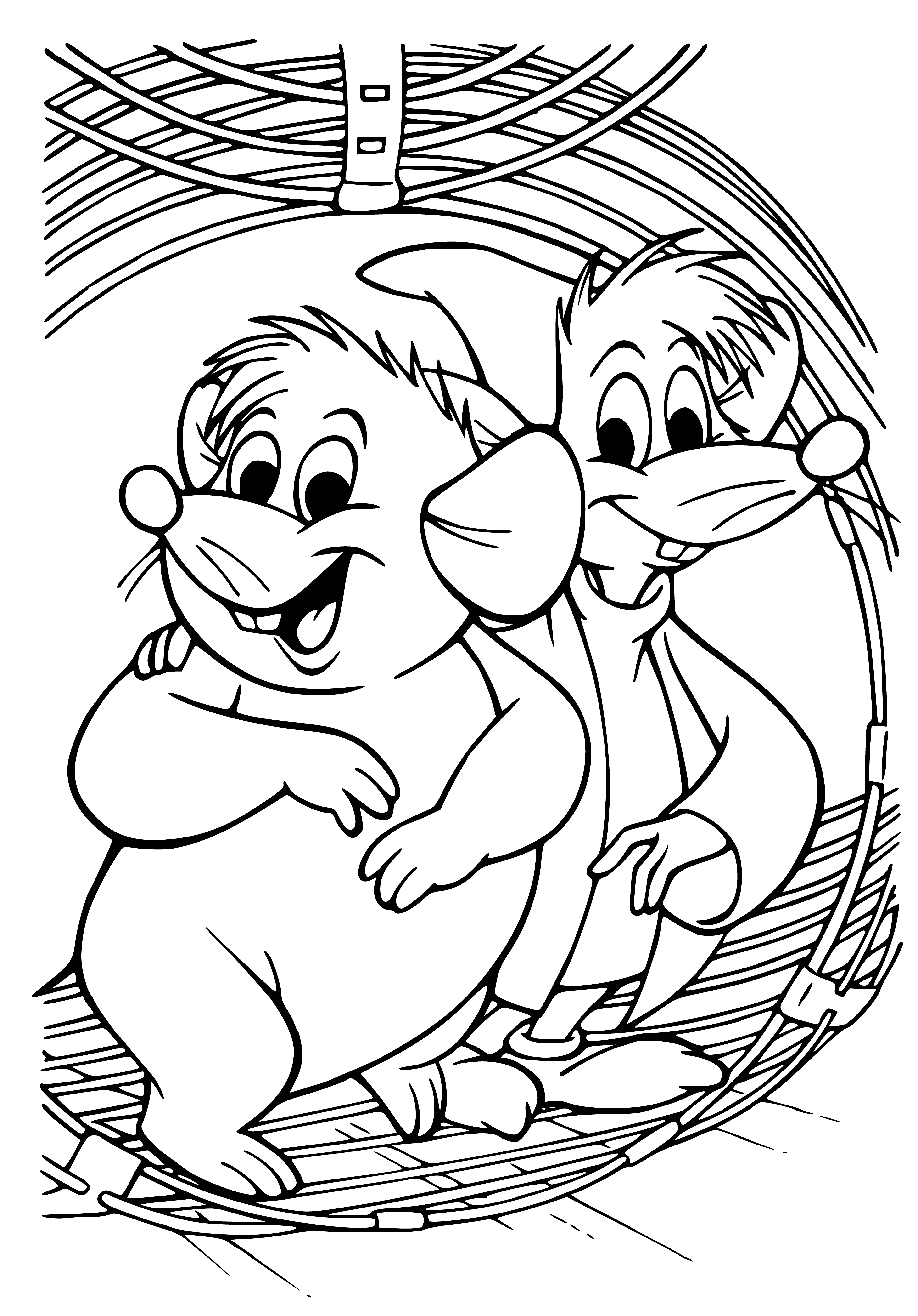 coloring page: Two mice hurry around a wood floor, dragging a pumpkin & a bag of coins- both with large ears and long tails.