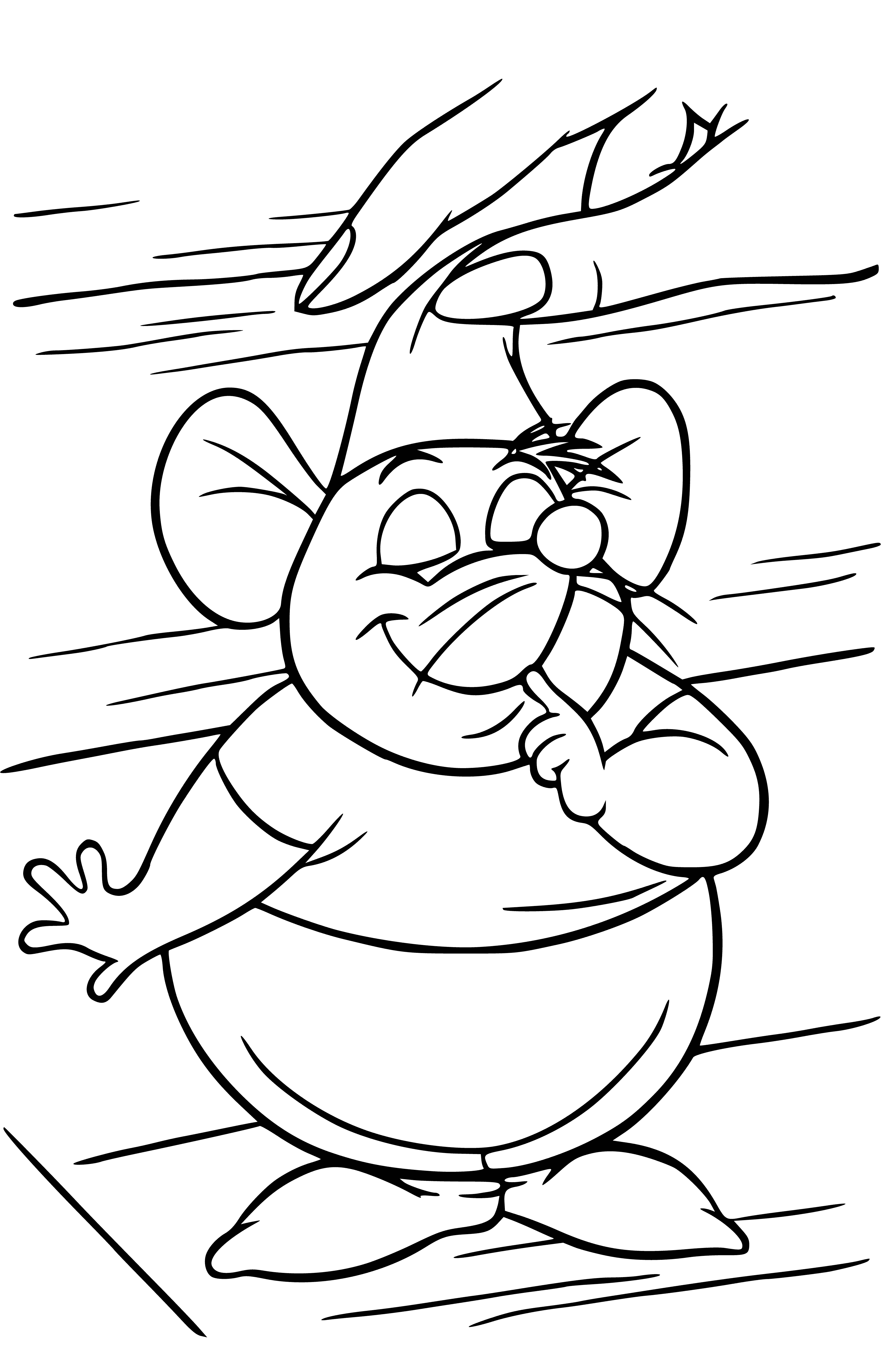 coloring page: Cinderella feeds a tiny mouse, wearing a cap, with a kind expression on her face.