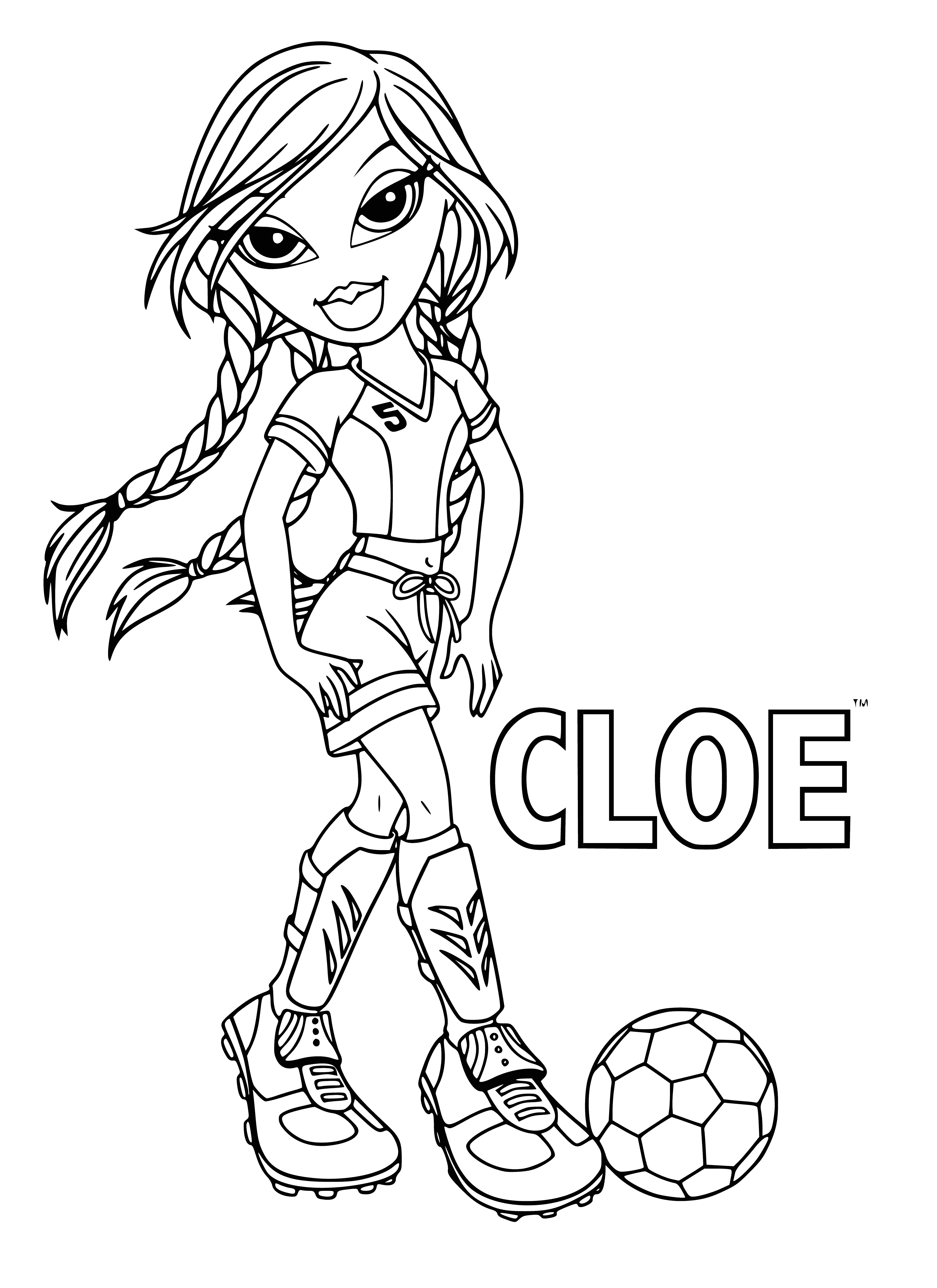coloring page: Cloe sports a pink crop top, black shorts, pink & black sneakers, ponytail, & holds a water bottle & tennis racket.