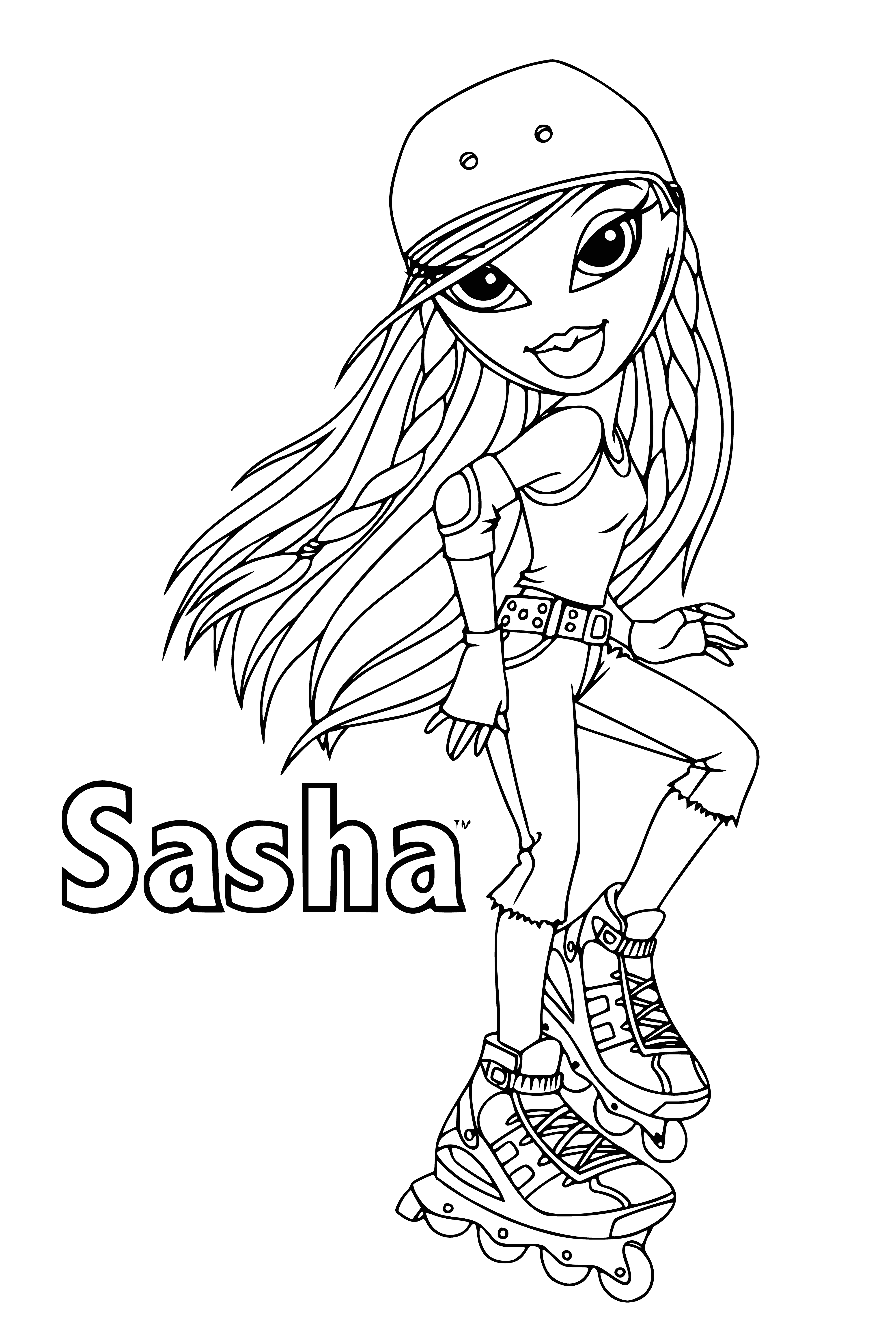 coloring page: Sasha's long blonde hair is in an updo, wearing light blue dress, silver chain, blue purse, eye shadow & earrings.