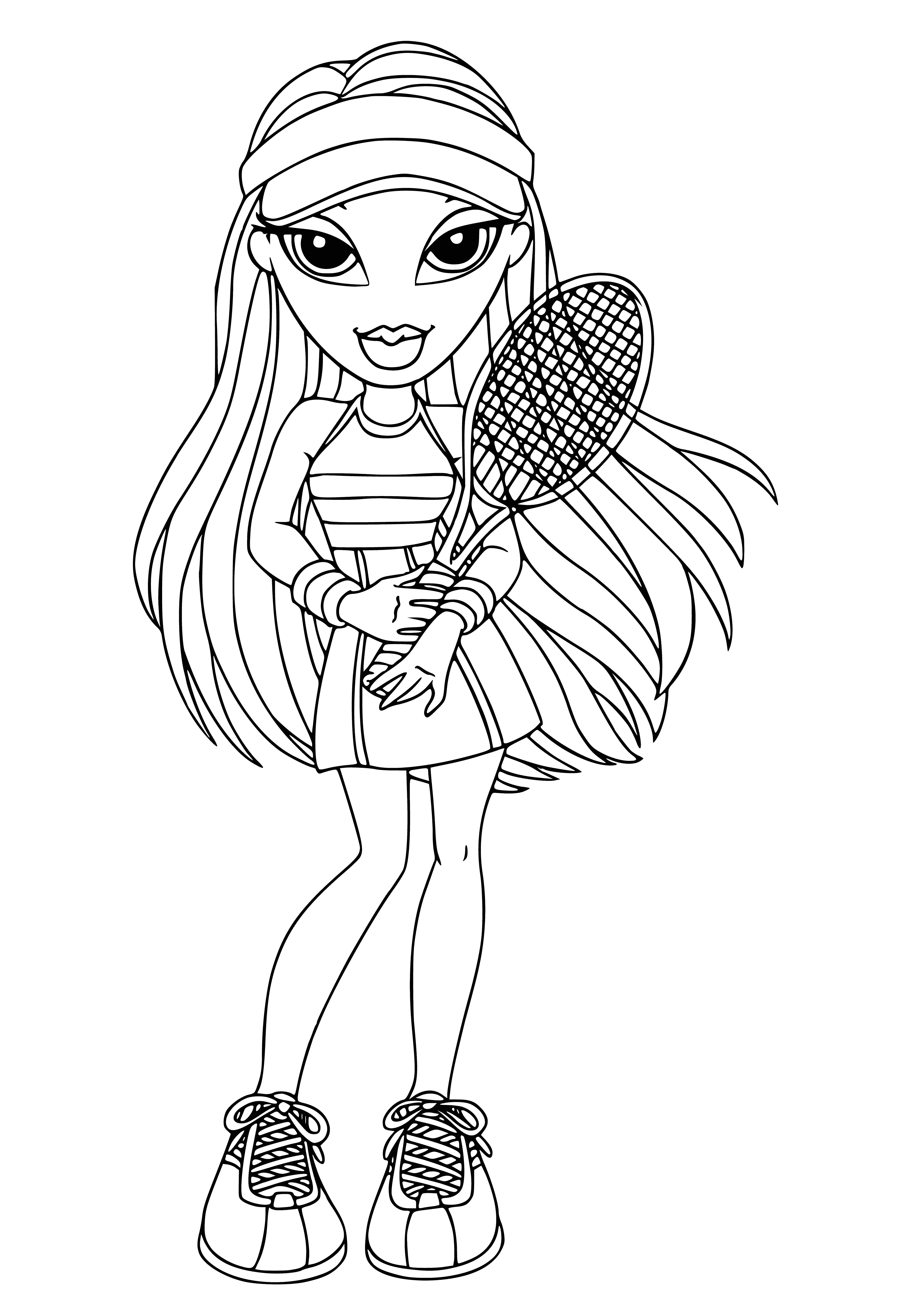 coloring page: Vinessa is a Bratz doll with black hair, eyes, leggings and sneakers. She stands with arms crossed in front of a hot pink backdrop.