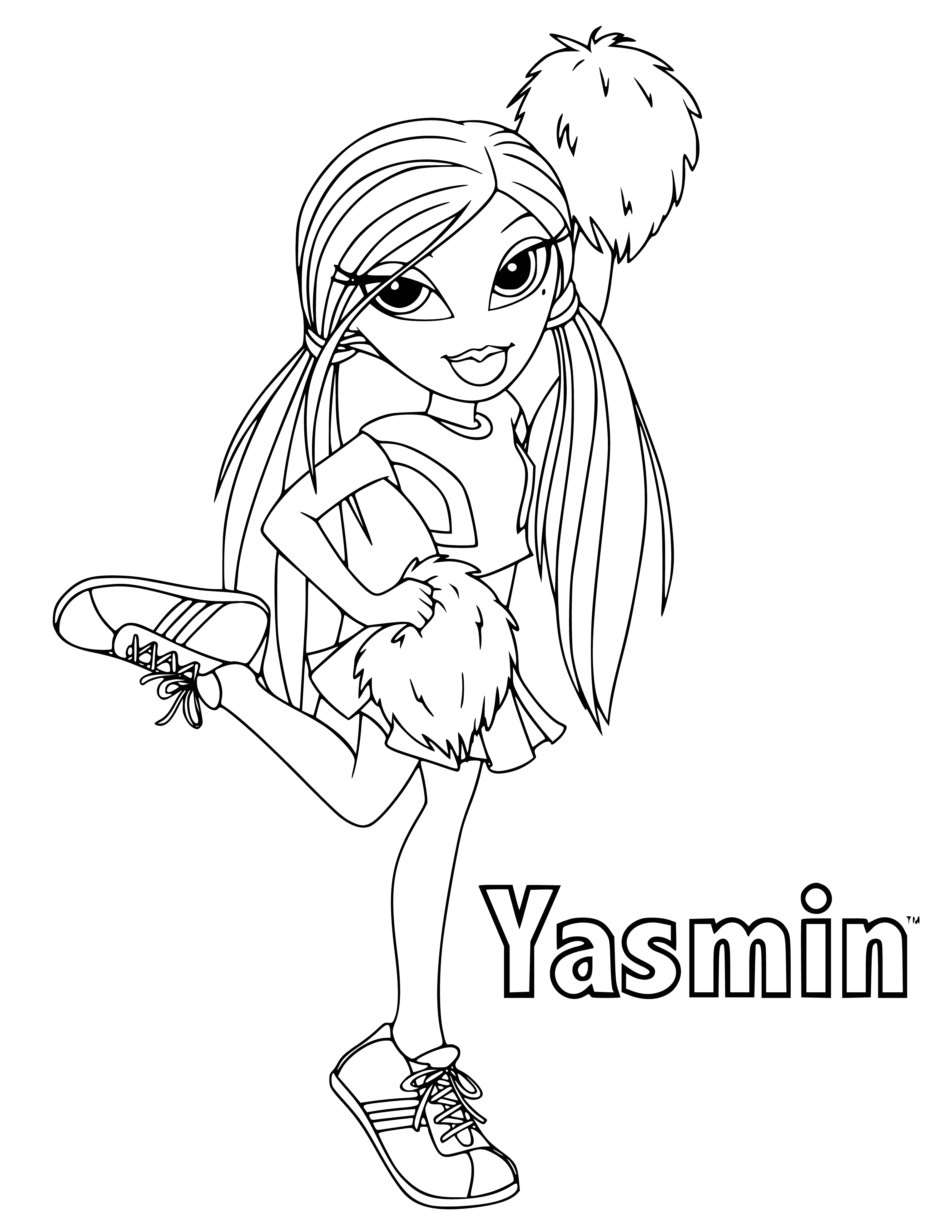coloring page: Girl with long black hair and polka-dotted skirt. Wearing white tank and black/white earrings and bracelet. #MannequinChallenge