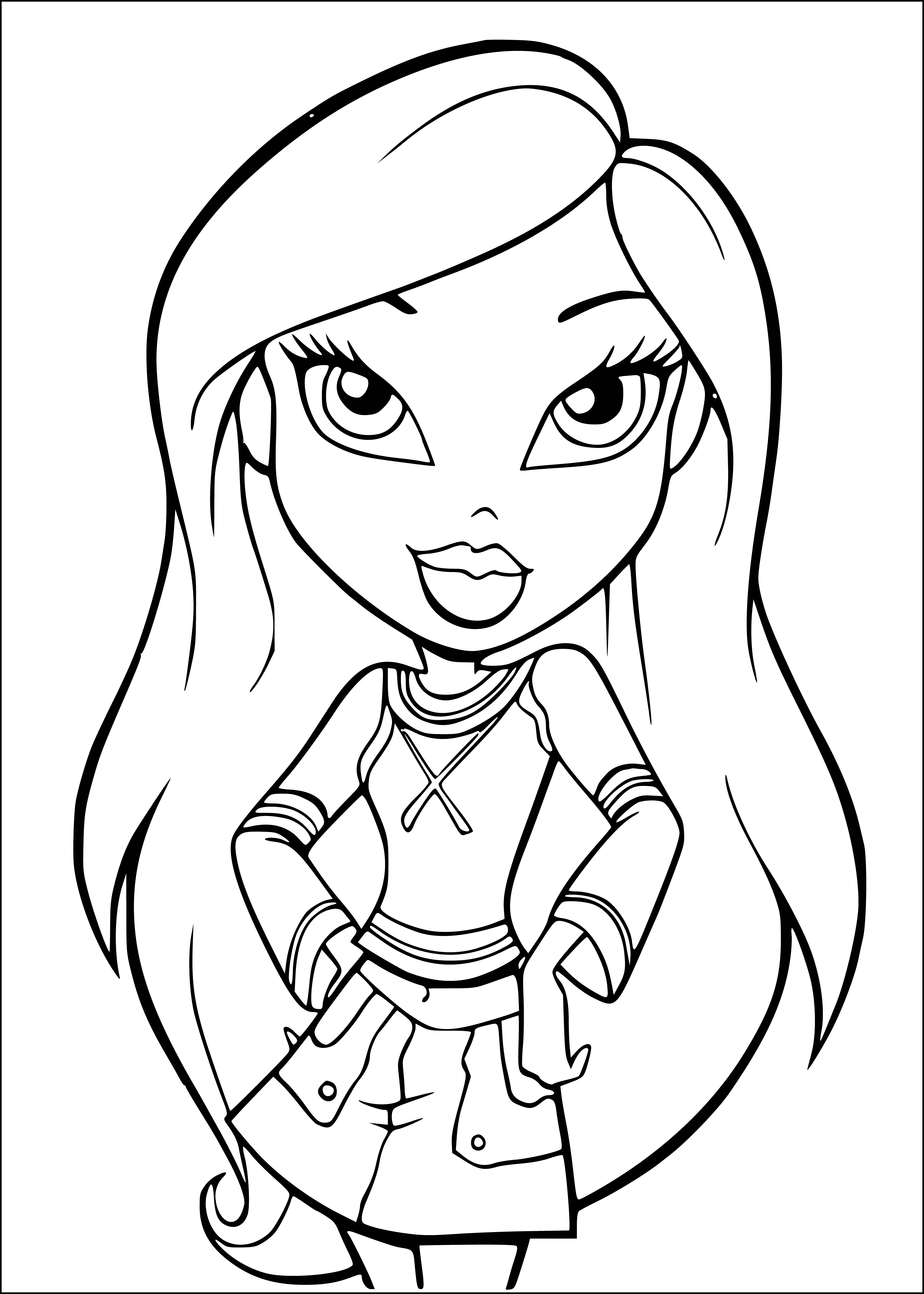 coloring page: Four trendy young girls, wearing stylish clothes and shopping bags, standing in front of a store. #Bratz