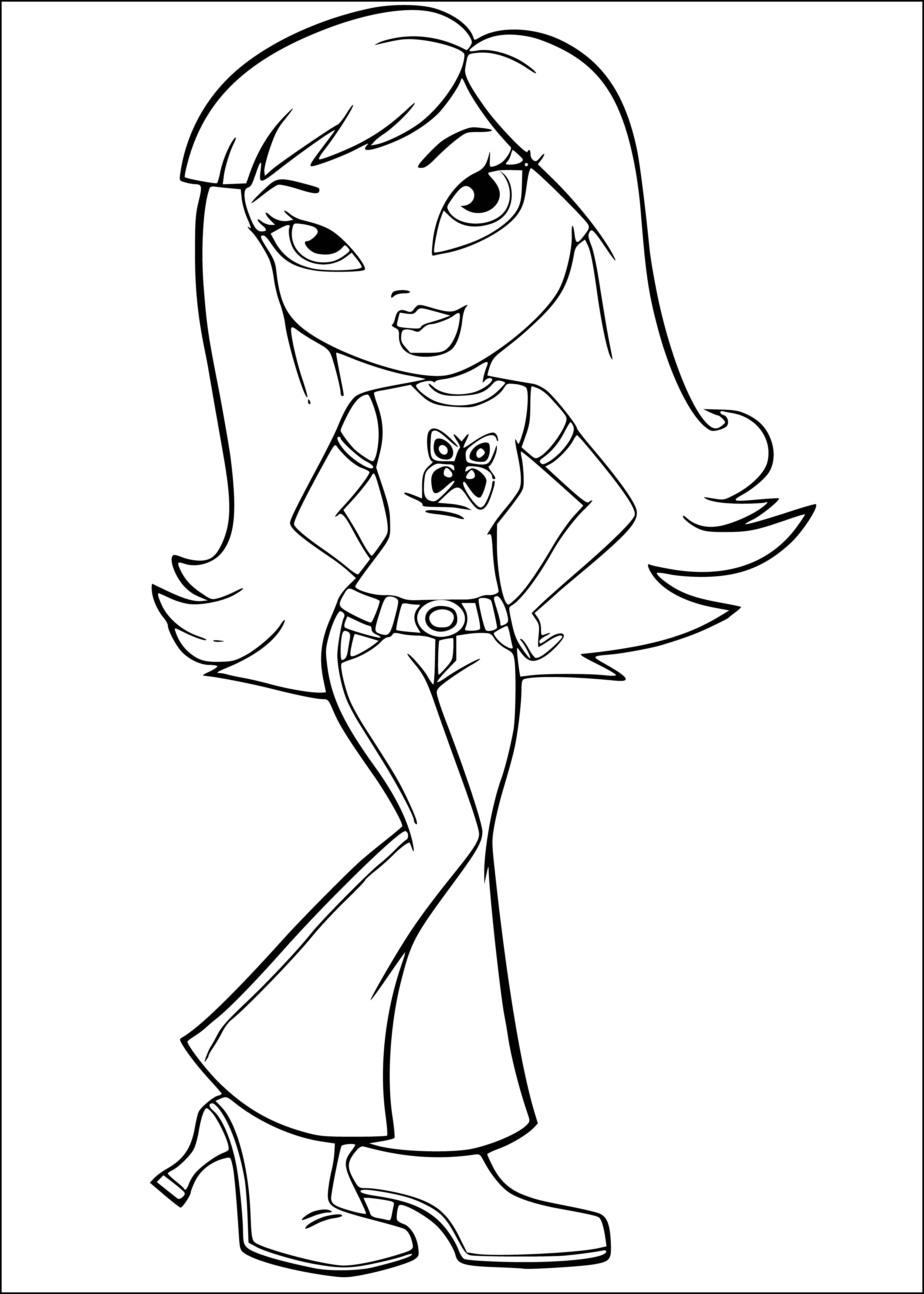 coloring page: Girl in short dress & high heels w/ wavy hair, purse & hearts drawn around her on checkered yellow bg. Smiling!