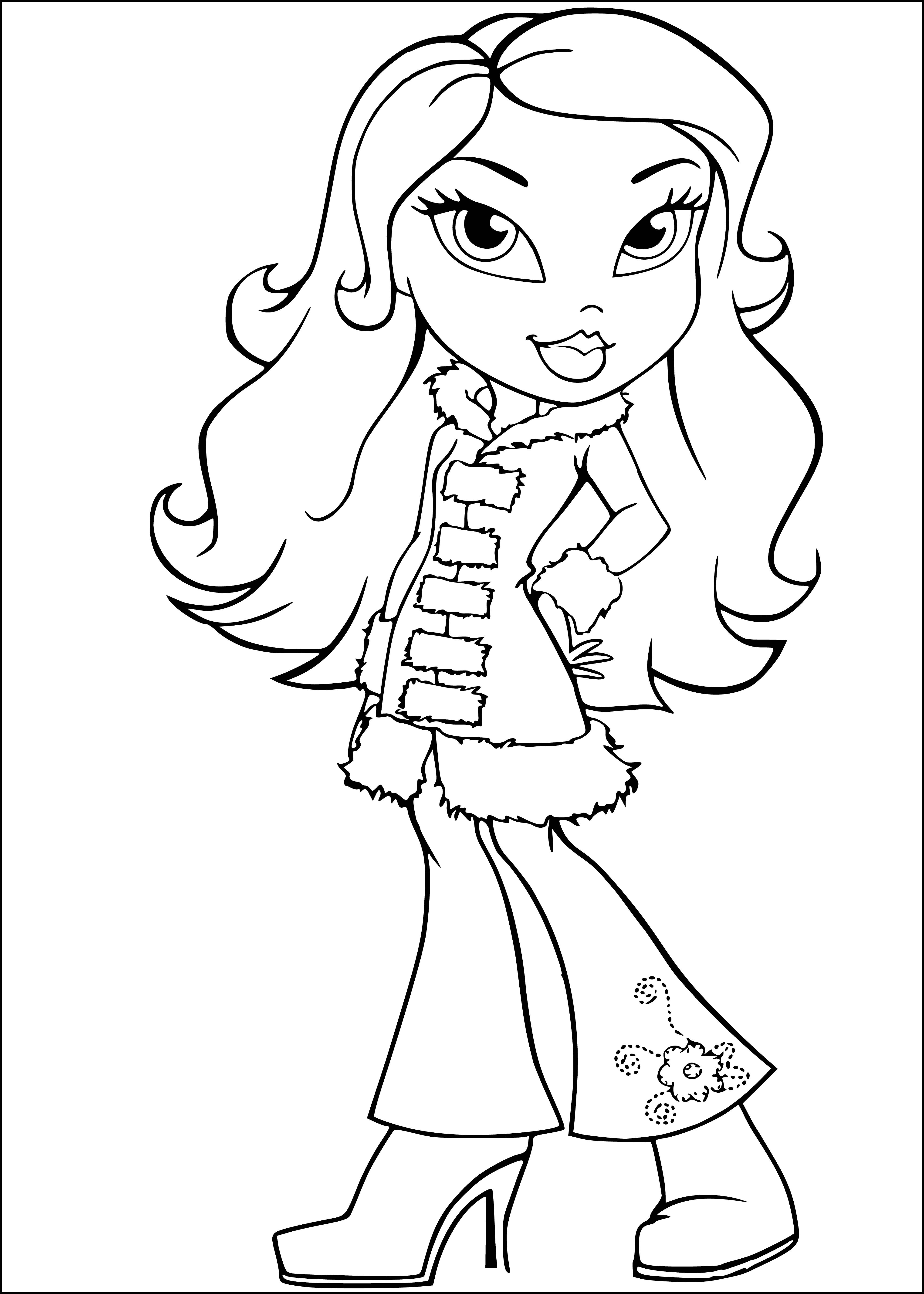coloring page: Group of 4 fashion dolls with big heads, eyes, colorful clothes & diff. hairstyles.