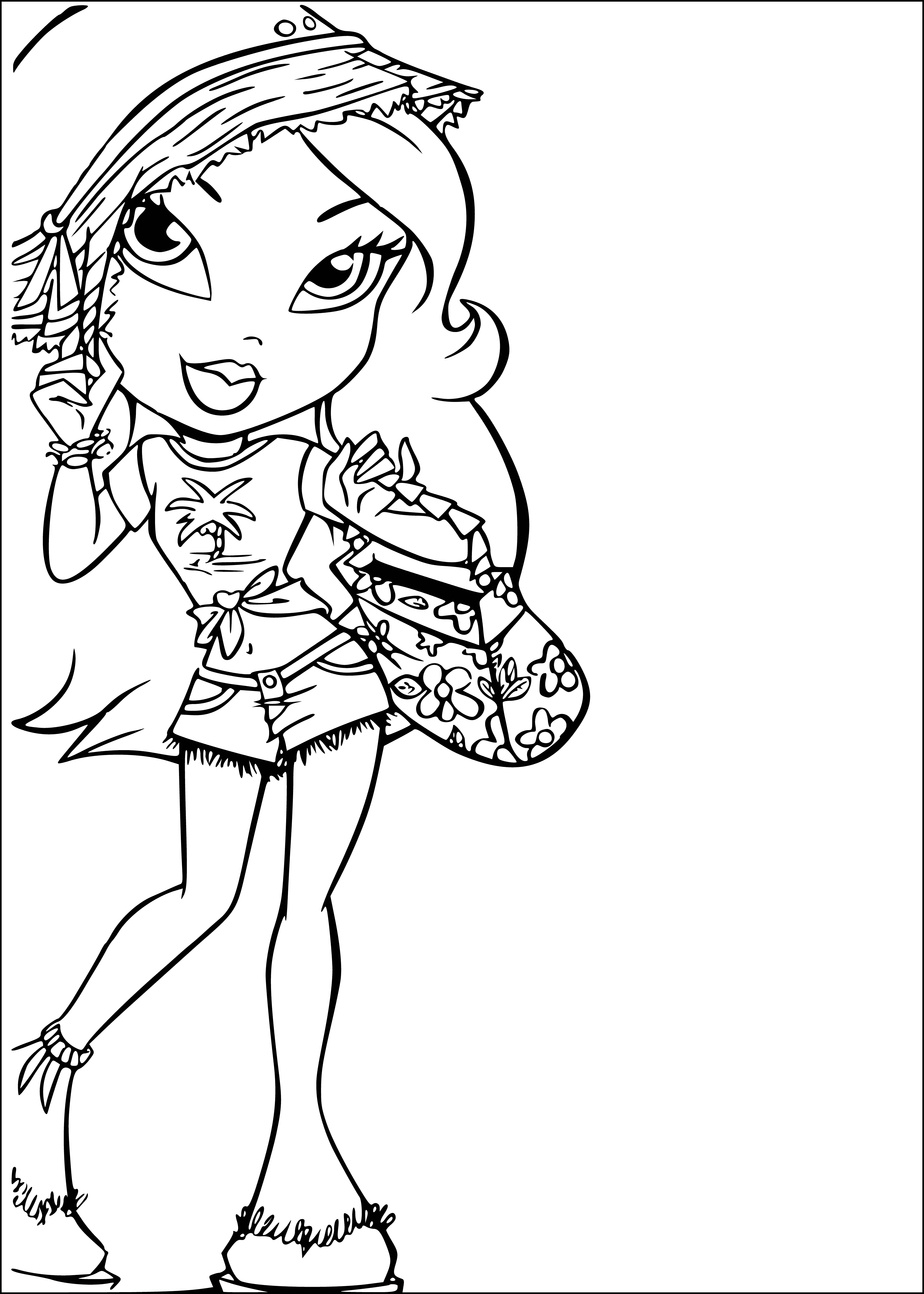 coloring page: Girl in coloring page holds a Bratz doll. She wears pink and hearts, two braids, and a bracelet.