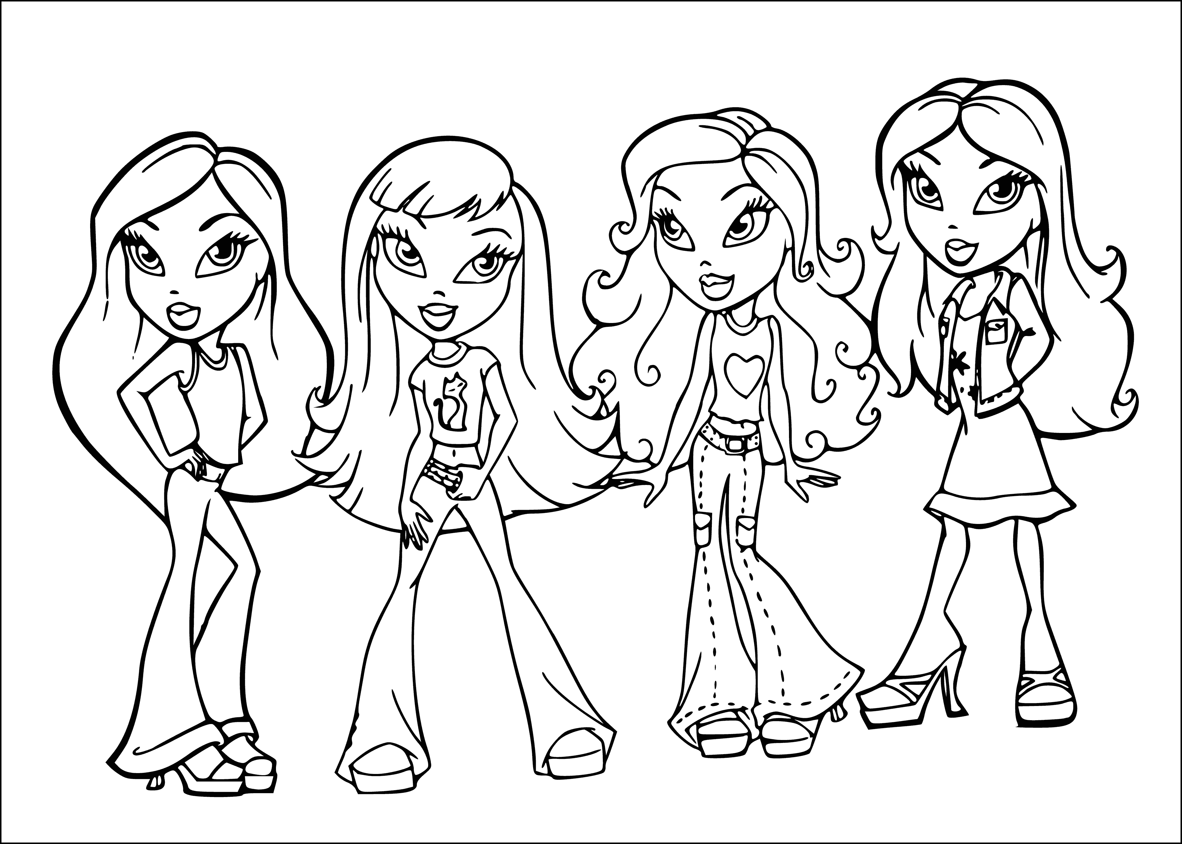 coloring page: Four fashion dolls, two blondes, two brunettes, each with unique style and trendy clothes. #BratzDolls