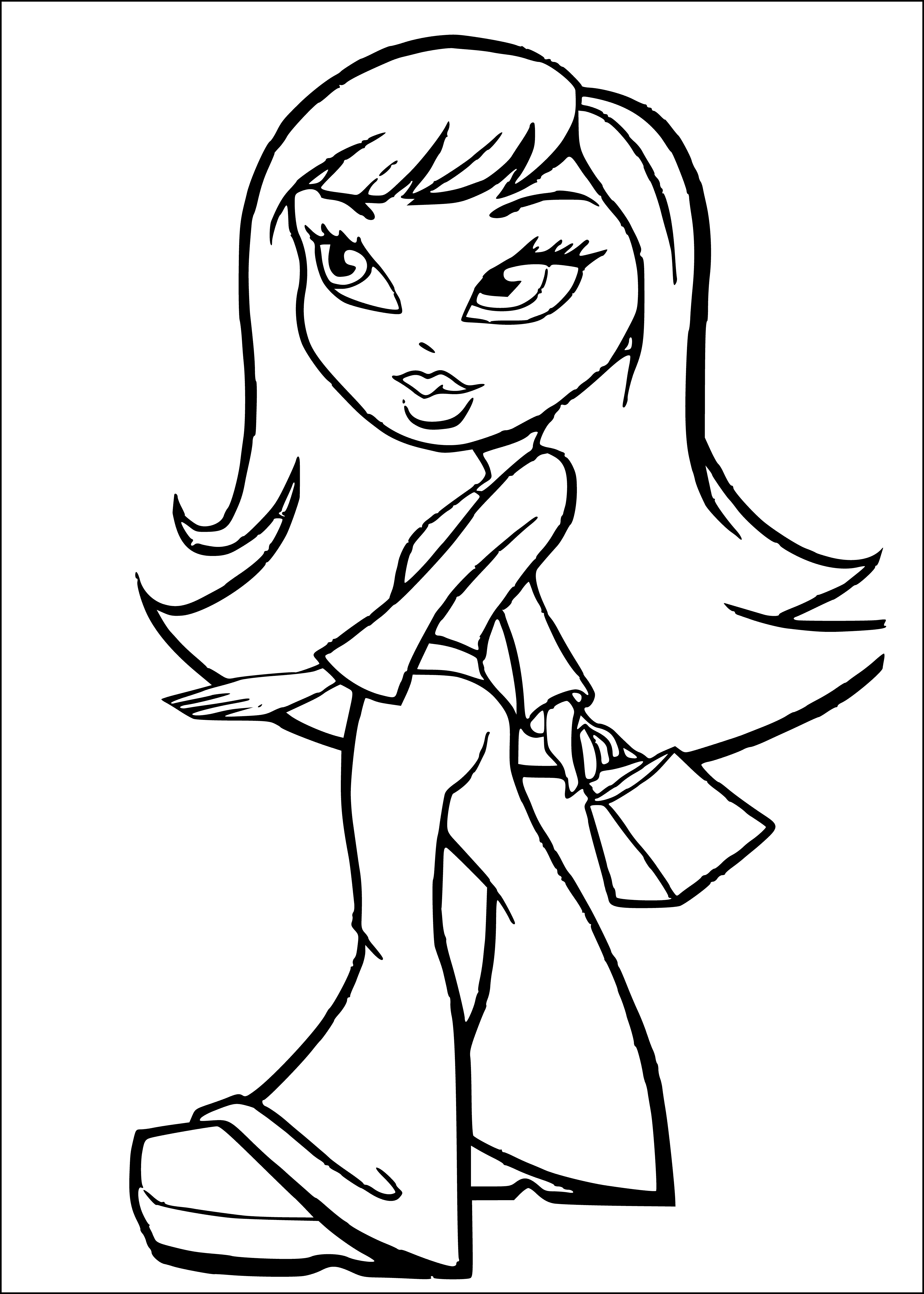 coloring page: Group of girls with long, styled hair, colorful & glittery outfits & big handbags w/ straps.