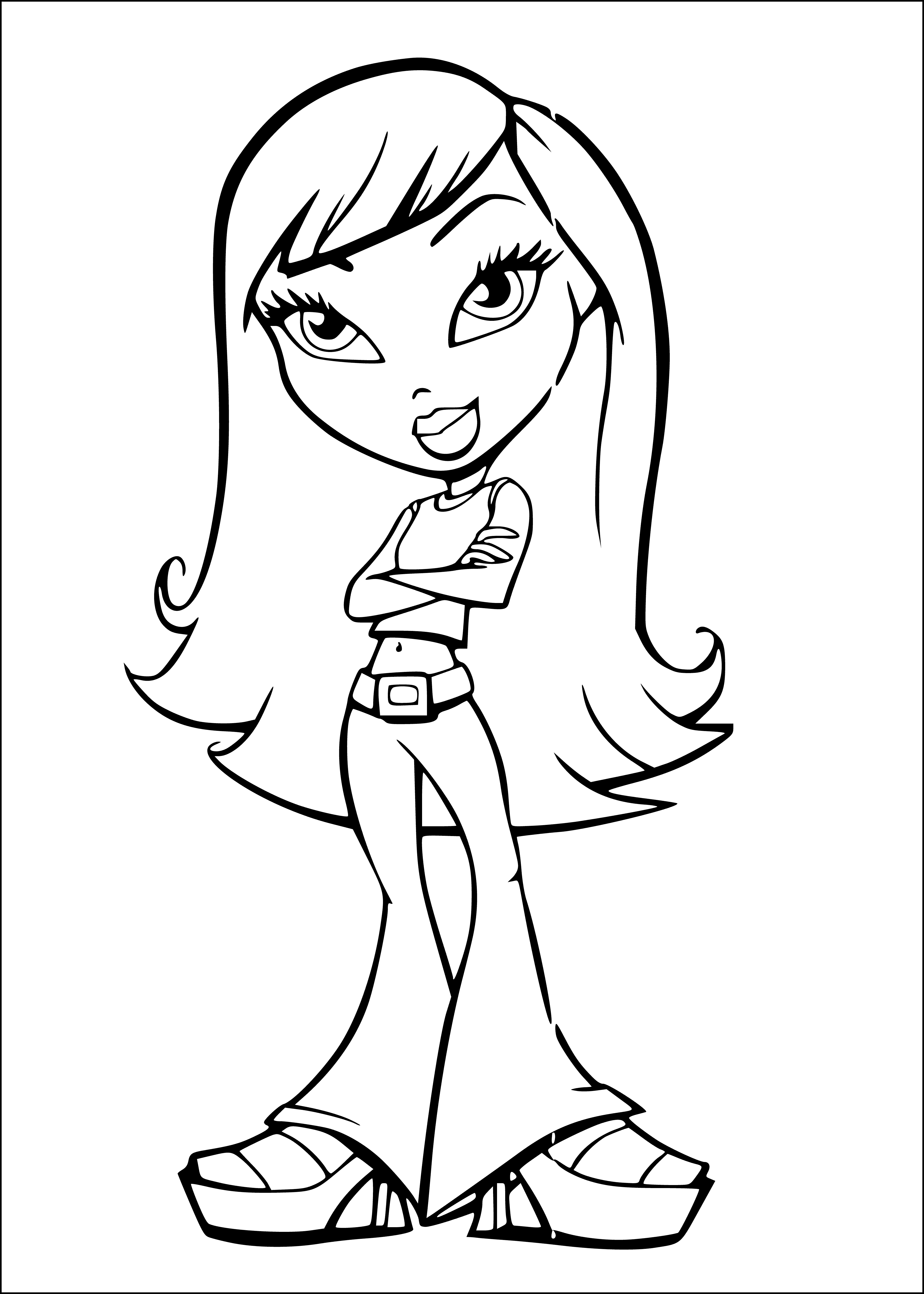 coloring page: Doll in coloring page has long pink hair, blue eyes, pink top, black/white skirt & boots. #Bratz #ColoringPage #Doll