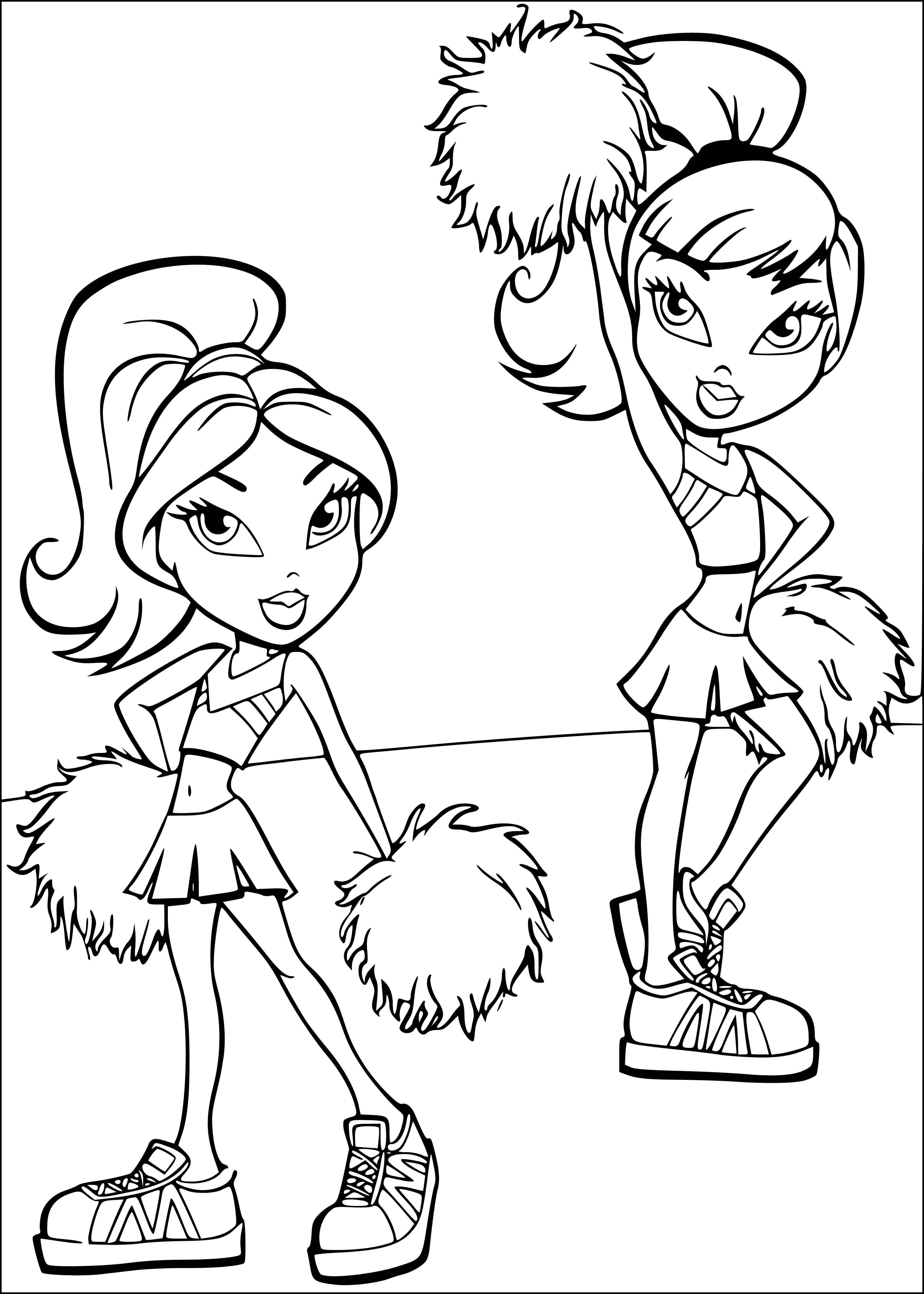 coloring page: 4 girls wearing pink tank tops & shorts in semi-circle around coffee table with pink vase & flowers, pizza & tissues. Except 1 blonde.