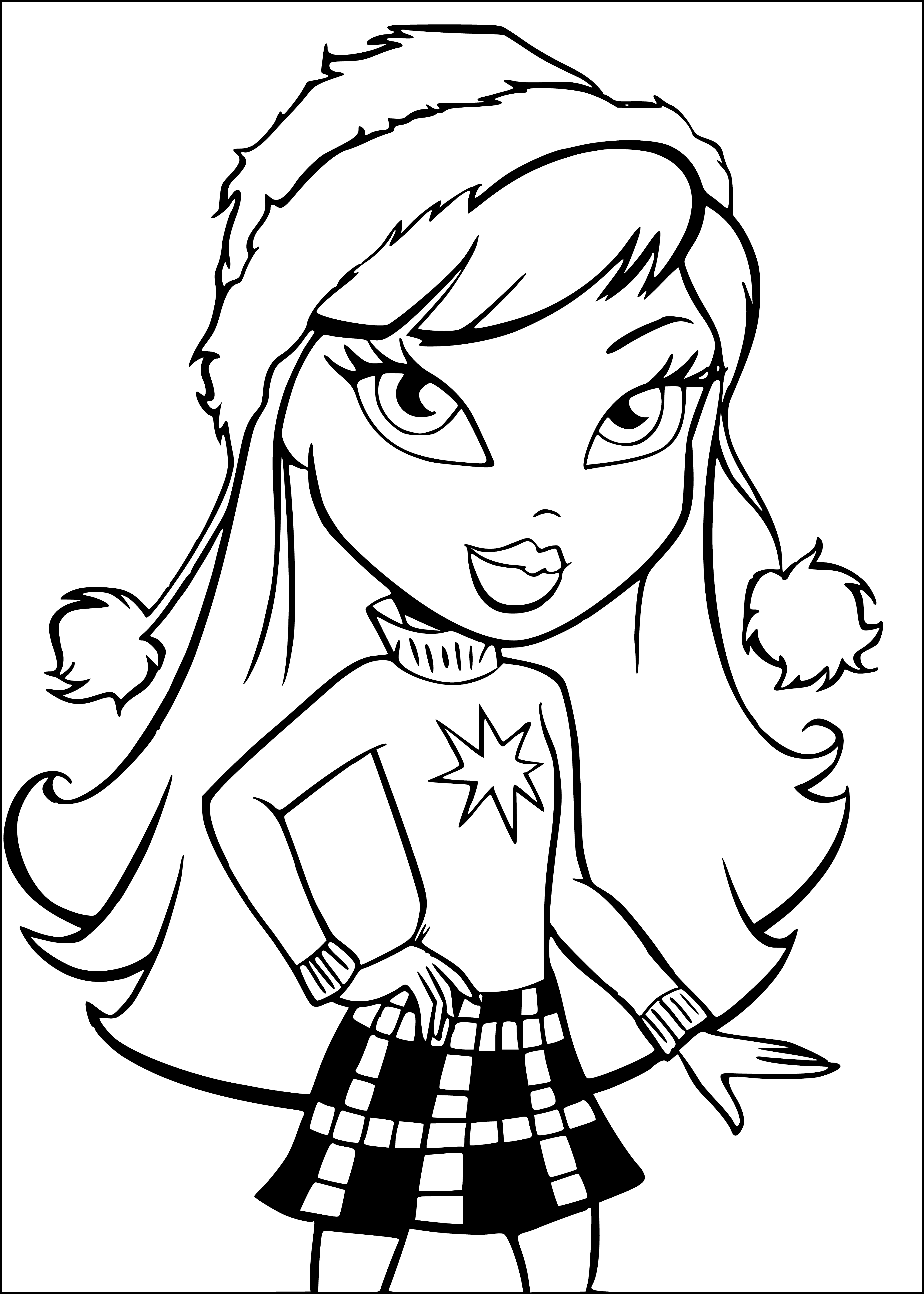 coloring page: Long, neon-pink haired doll wearing black & white tank & jacket, black & white leggings, white shoes & polka-dotted hat.