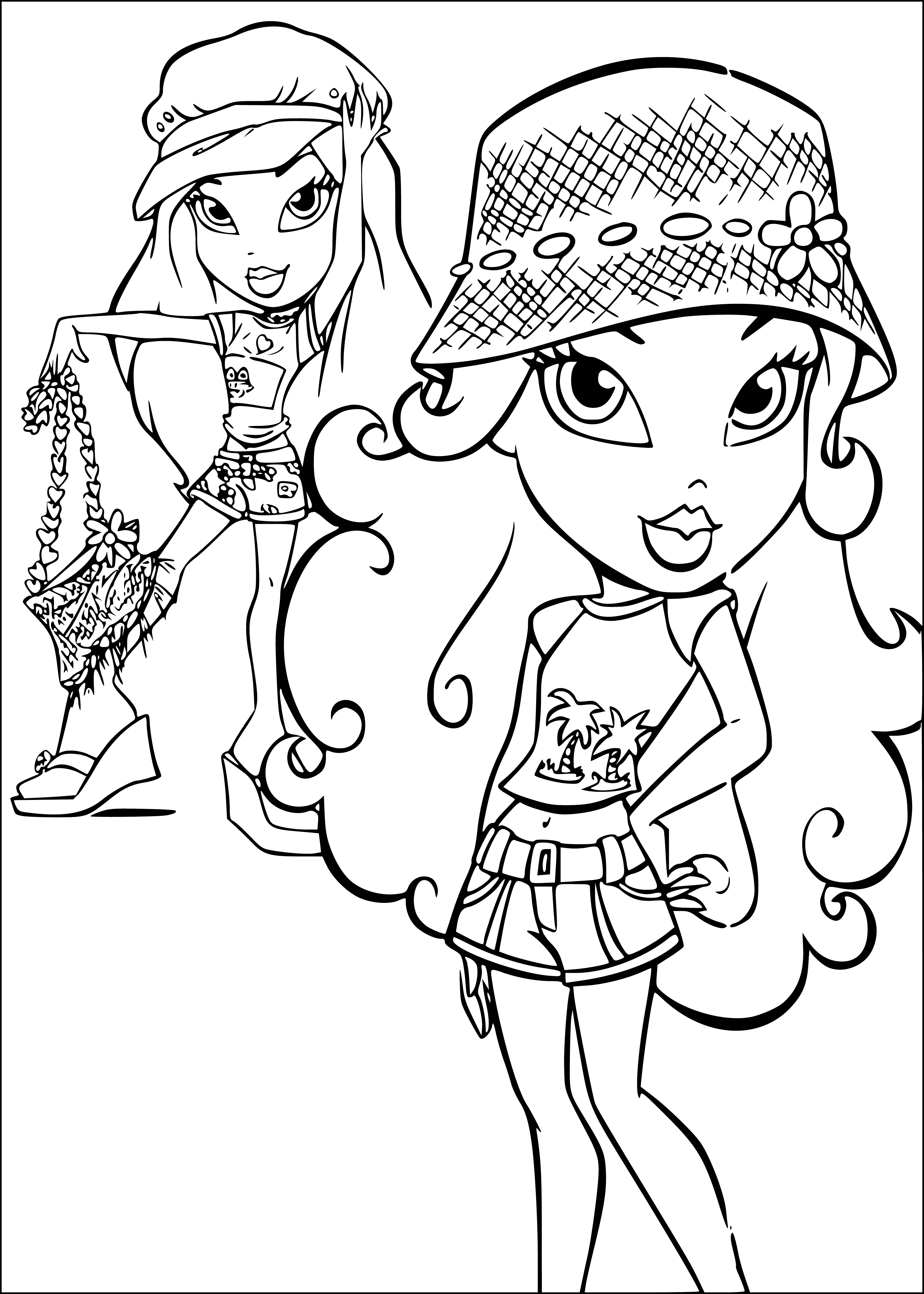 coloring page: Four dolls of different colors, wearing various clothes and shoes. One pink, one purple, one blue, one green. All with big eyes and heads.