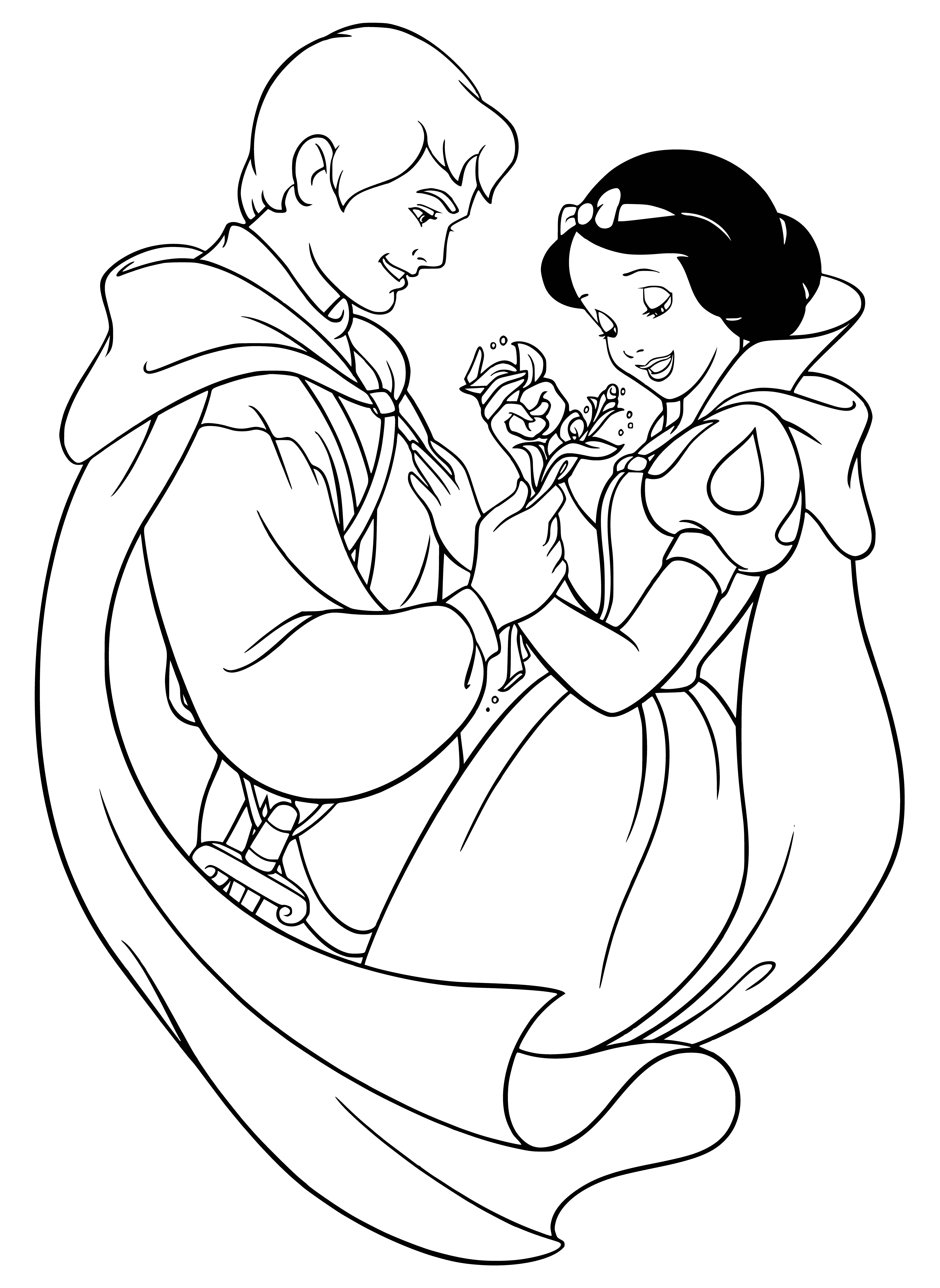coloring page: The prince has fallen in love with Snow White and the seven dwarfs watch with curiosity.