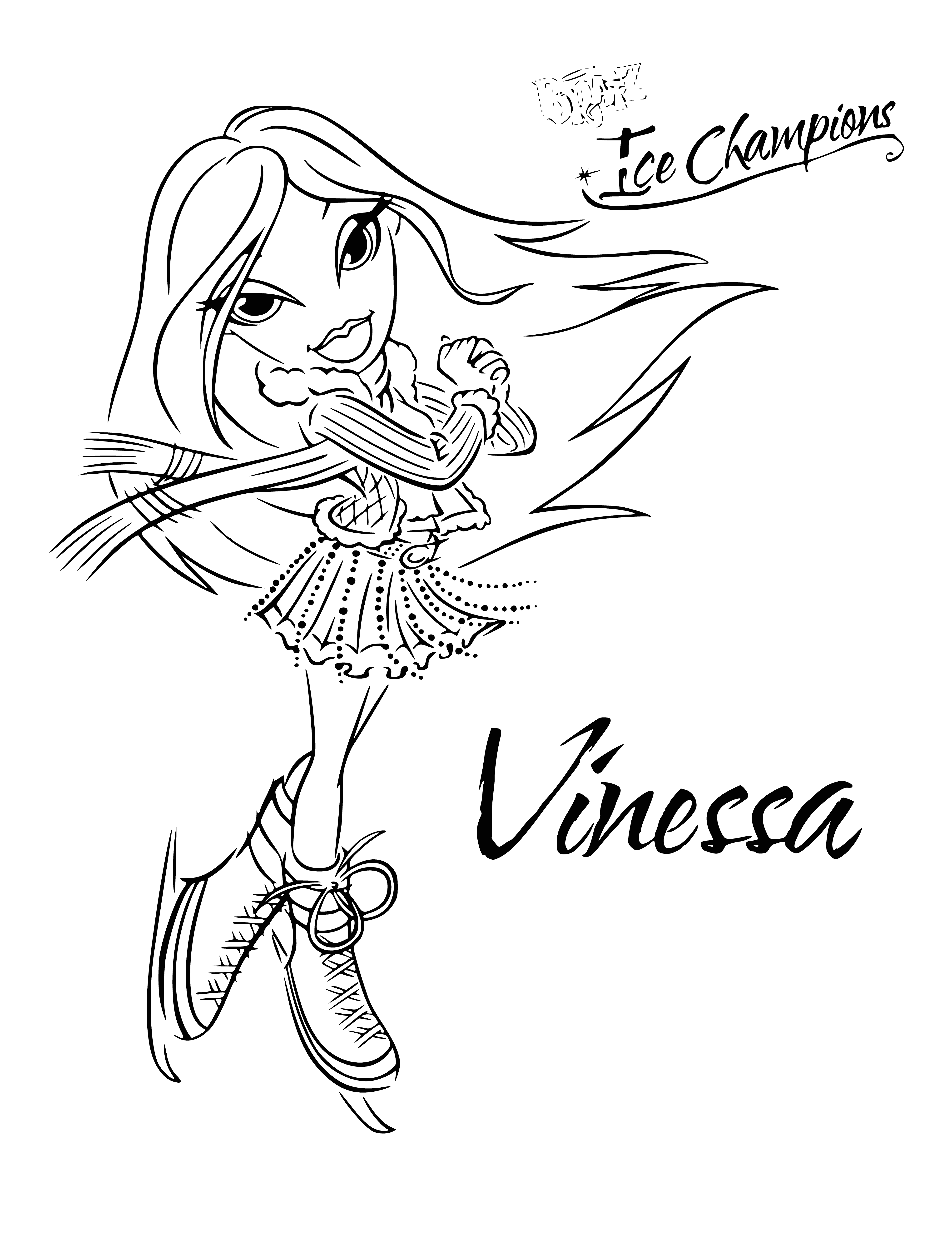 coloring page: Vnessa, one of the Bratz, has long, straight blonde hair, brown eyes, and wears yellow dress, white belt, and ankle-strap heels.