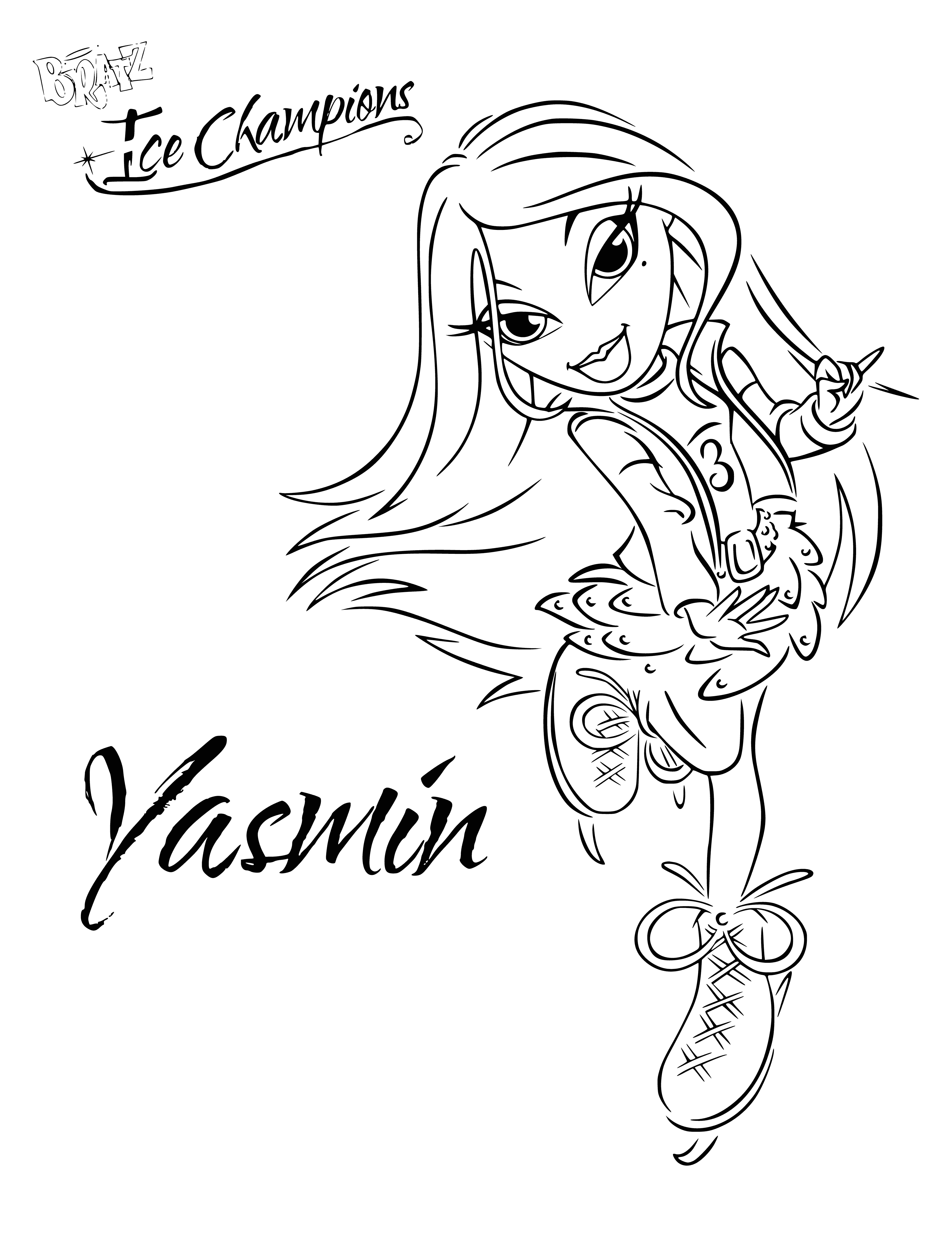 coloring page: Coloring page of Bratz doll Yasmin: young girl w/ brown skin, long black hair, lavender dress & purple shoes. #dolls #fun #coloring