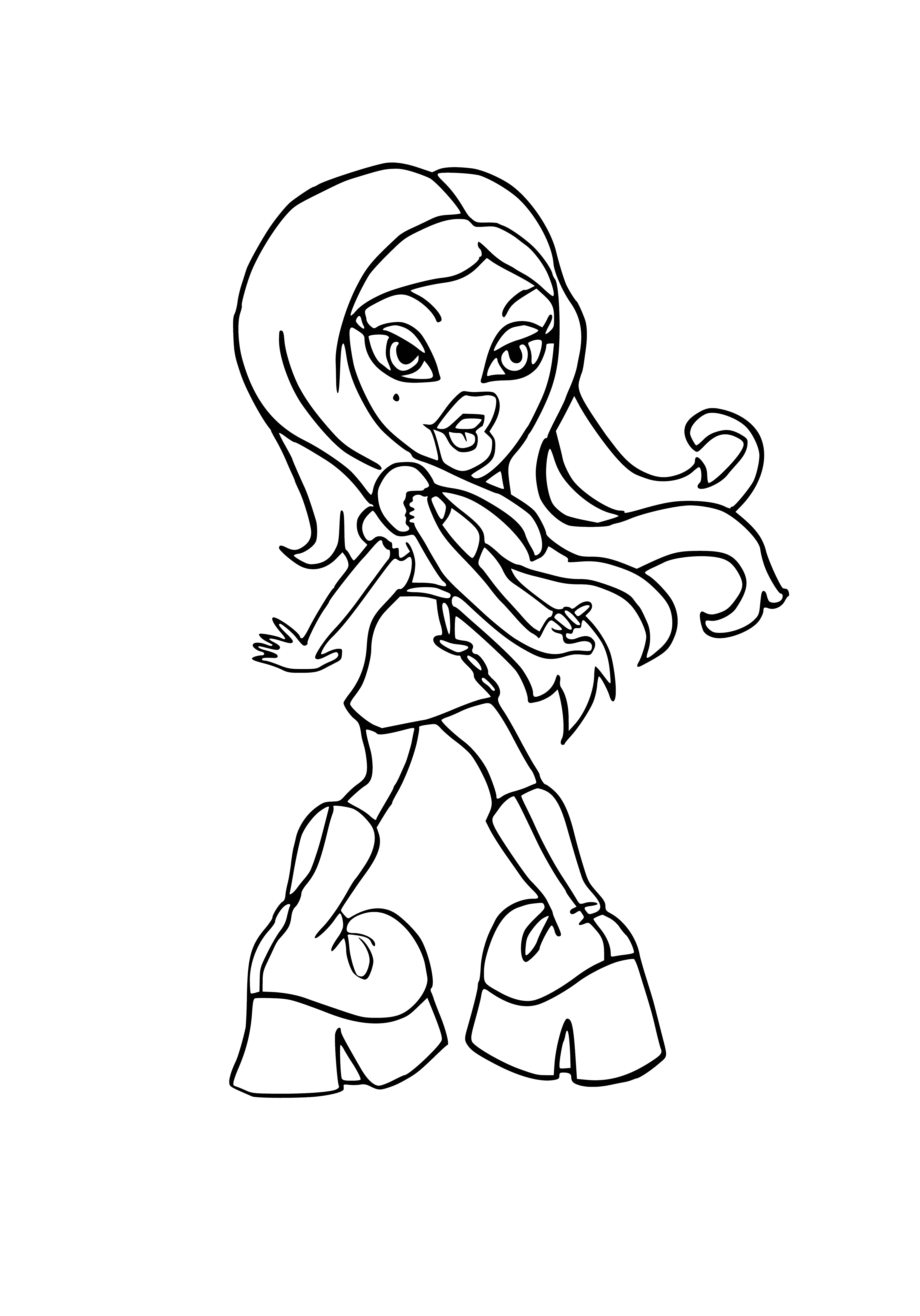 coloring page: 4 colorful dolls with big eyes & lips wearing different clothes: dress, skirt/top, jeans, bathing suit. #dollcoloringpage