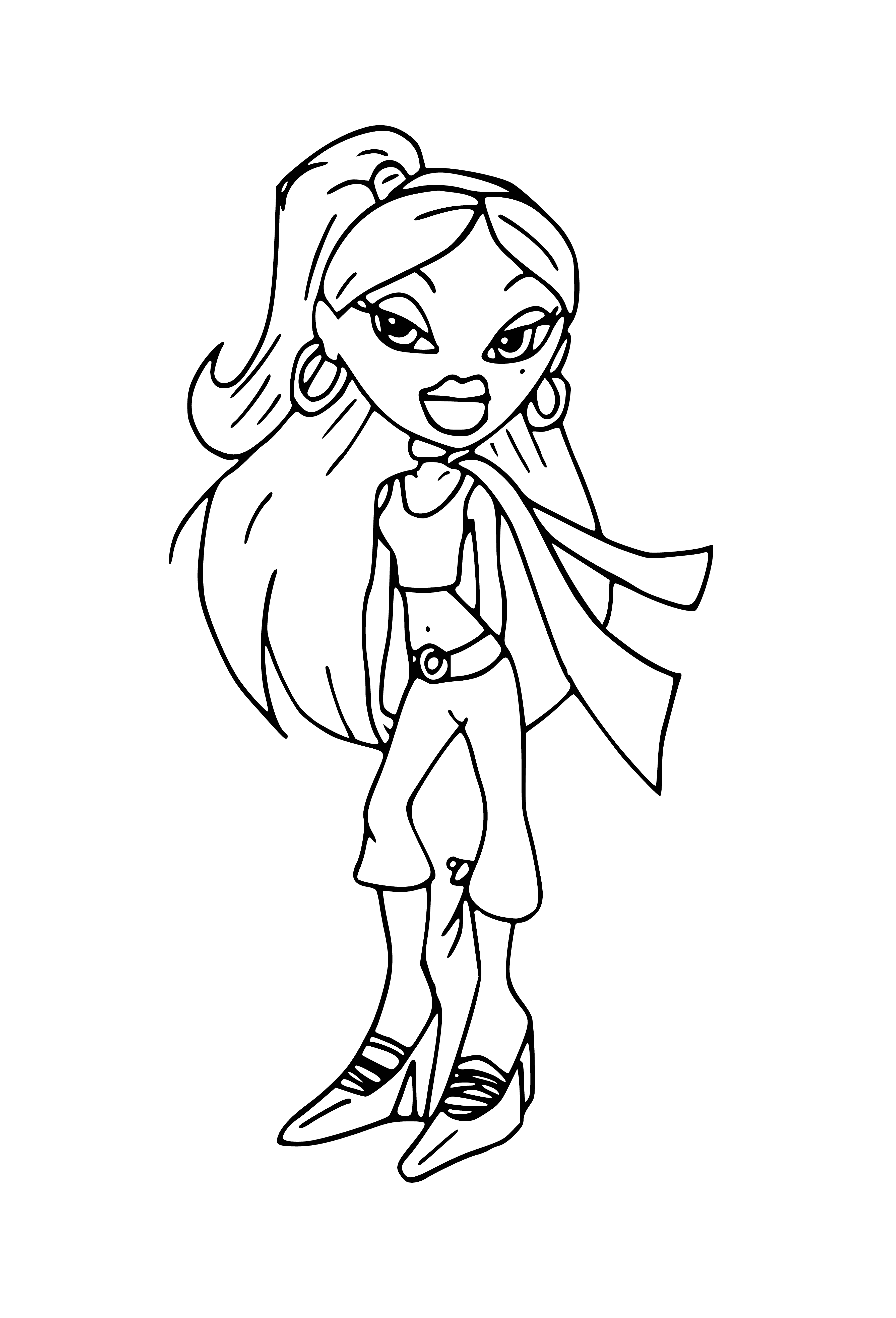 coloring page: Four girls in different poses, long hair, with makeup & jeweled accessories.