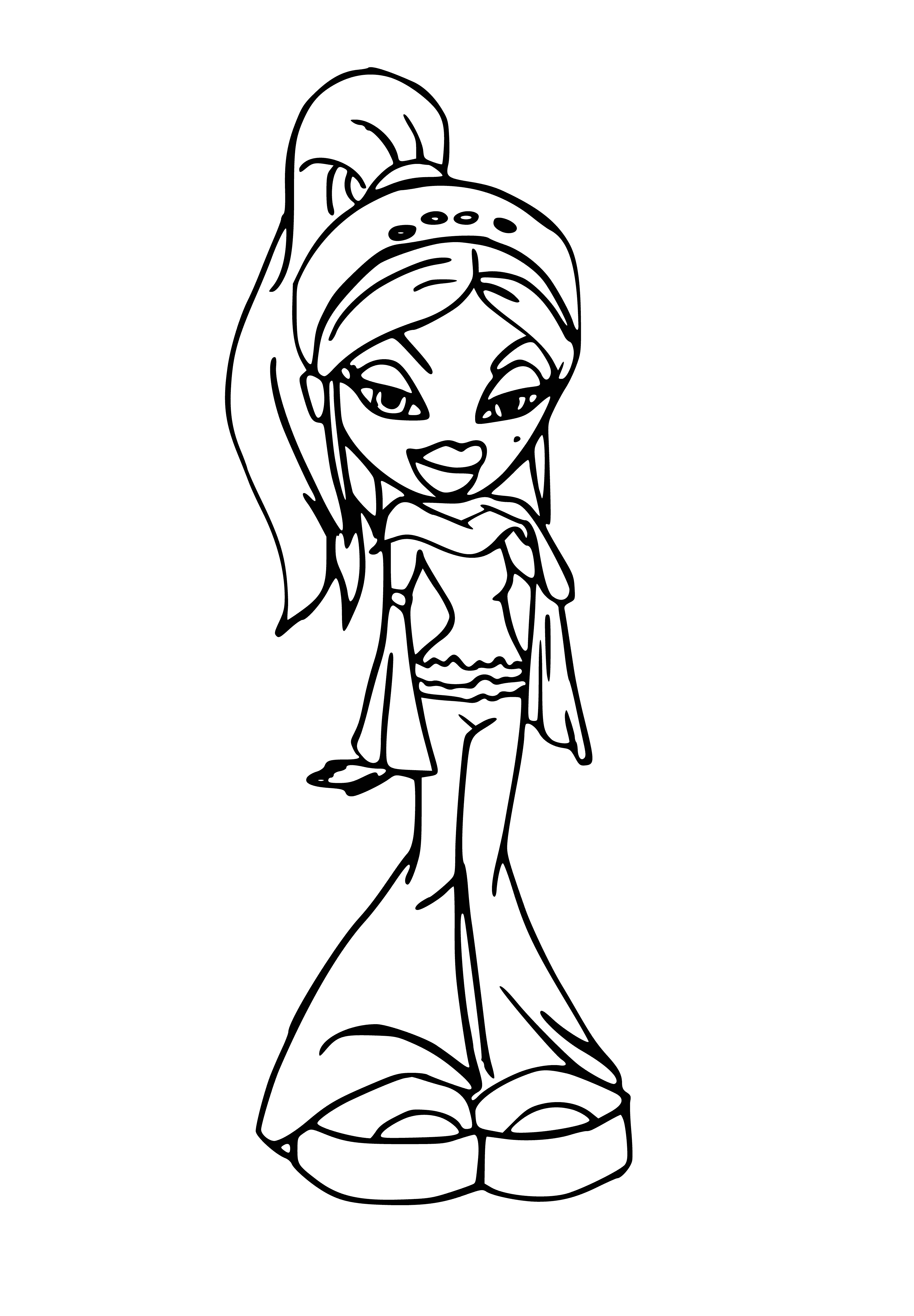 coloring page: Four dolls with different outfits on a coloring page.
